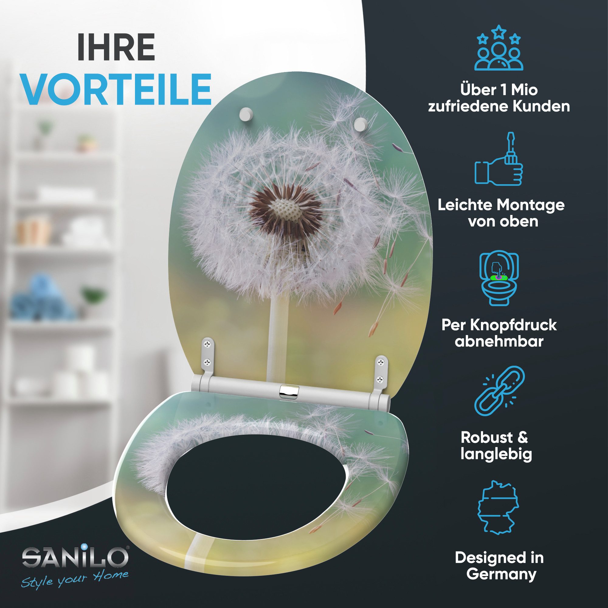 Sanilo WC-Sitz Pusteblume mit Absenkautomatik & Quick Release, Premium Toilettendeckel, abnehmbar, leichte Montage von oben