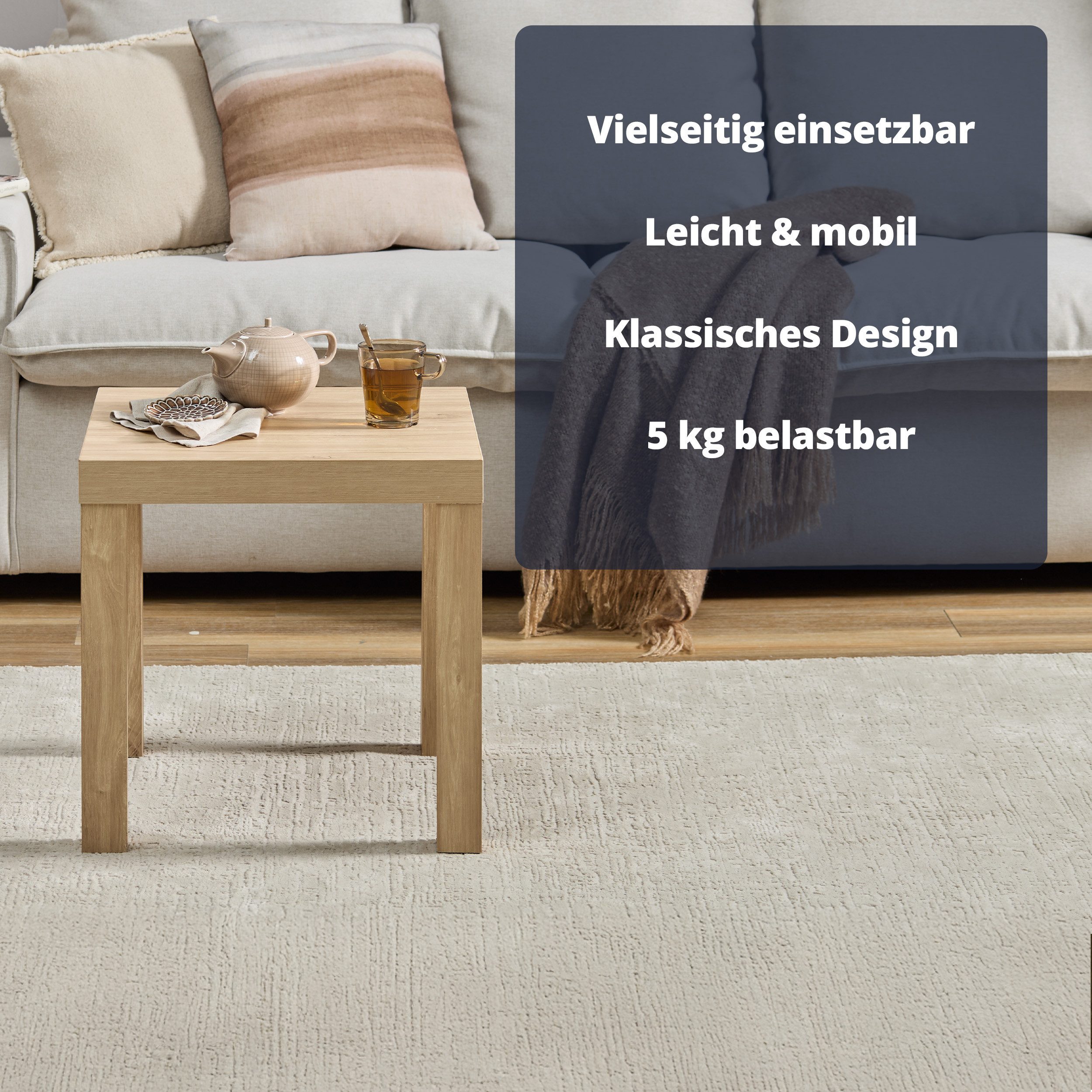 KHG Beistelltisch kleiner Couchtisch quadratisch, Nachttisch Natur Asteiche Holzoptik (Holzwerkstoff foliert, 5 kg belastbar, 45x45x45 cm, pflegeleicht, ideal f – Bild 4 von 5