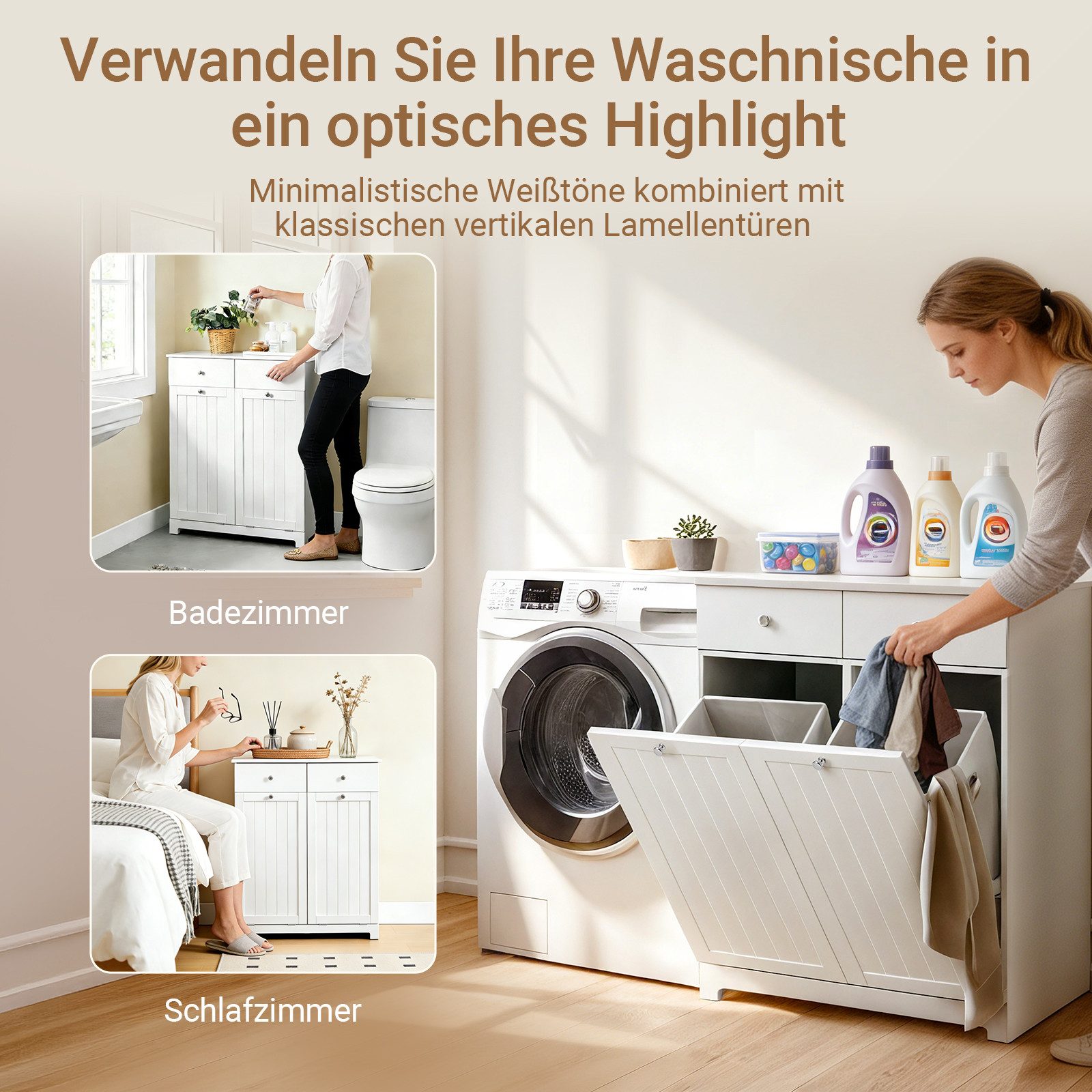 SoBuy Wäscheschrank BZR33, Badezimmerschrank mit Wäschekorb, Wäschesammler, Wäscheschrank mit 2 Schubladen & 2 Wäschekippern, 90L großer Kapazität, Badezimmer – Bild 4 von 5