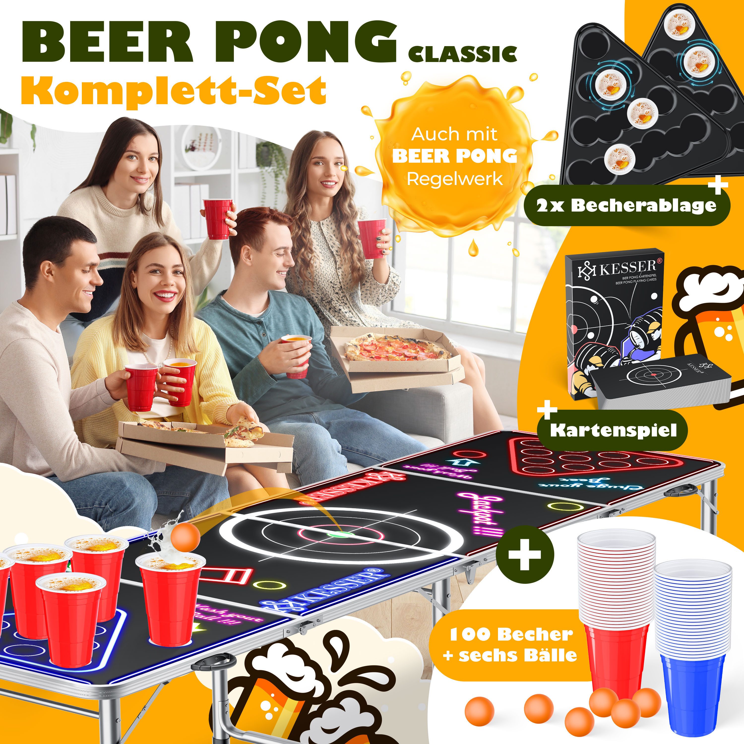 KESSER Spieltisch Bier Pong Tisch, Spiel-Set mit Kartenspiel, LED, 100 Bech günstig online kaufen