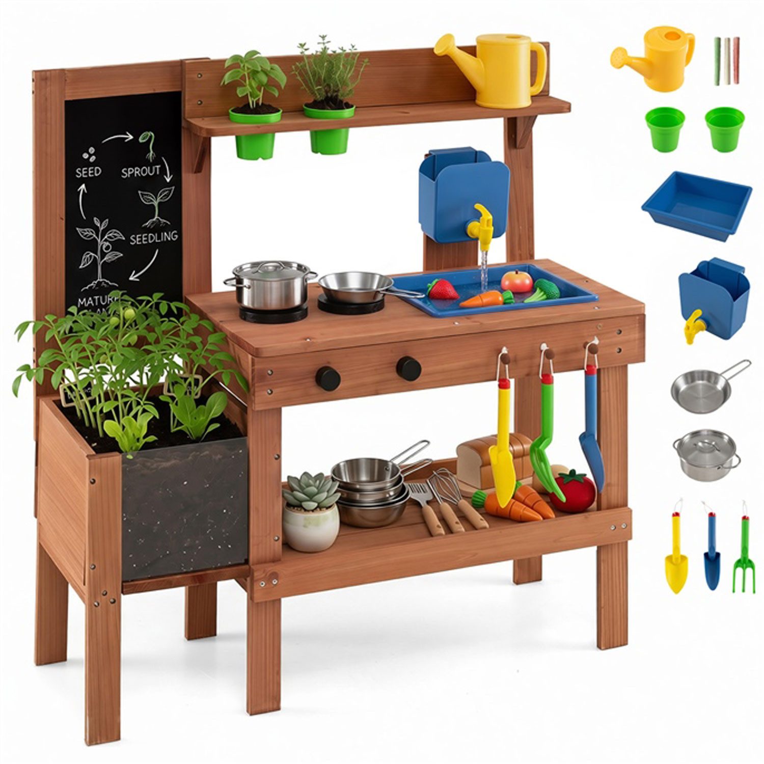 KOMFOTTEU Outdoor-Spielküche Matschküche Kinderküche, mit Tafel, Herden & Pflanzkasten