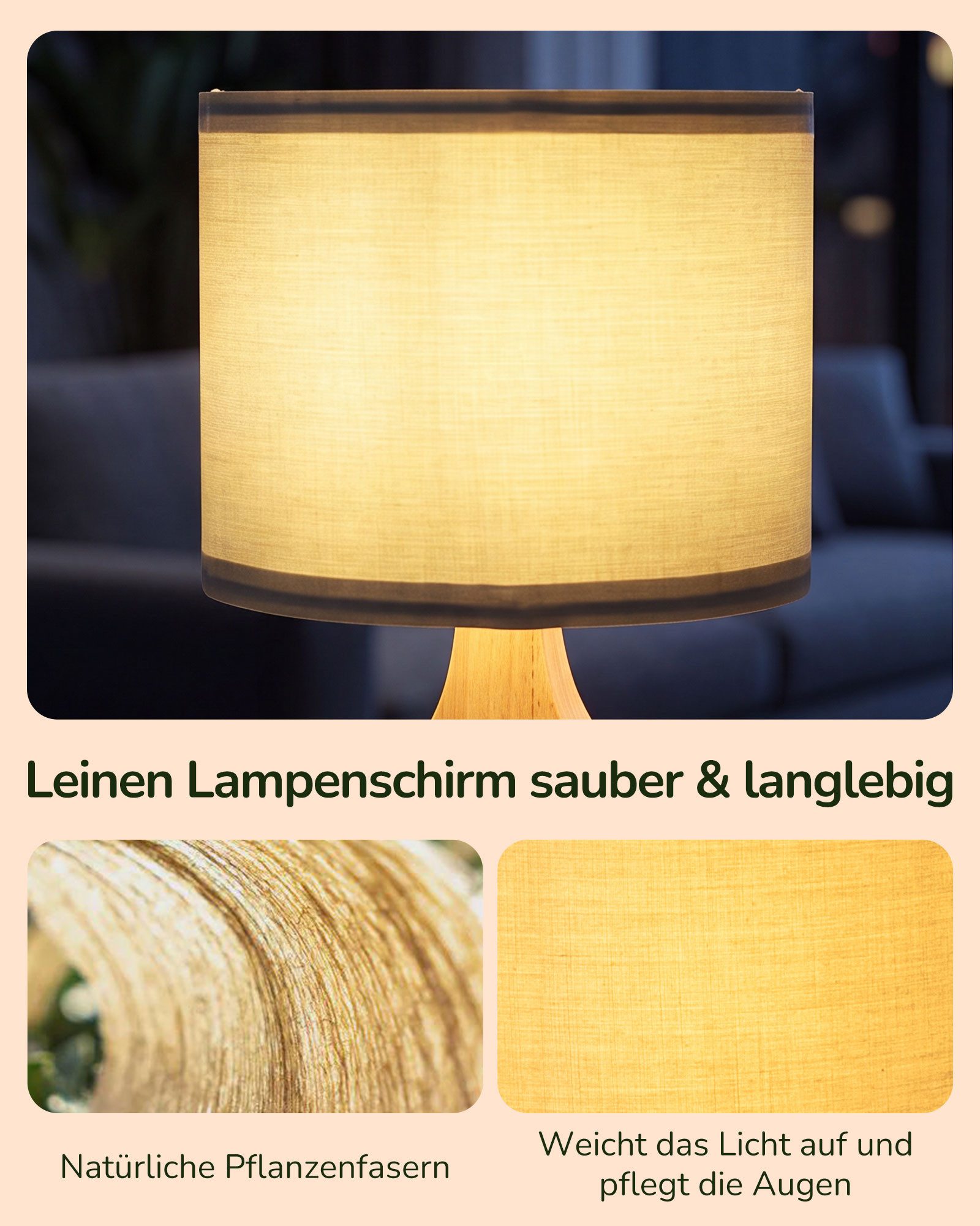 EDISHINE Nachttischlampe Höch 34cm Holz, Holzdeko, LED wechselbar, warmweiß, Lampe mit Ein-/Ausschalter, E27 Fassung mit 2700K LED-Glühbirne – Bild 4 von 5