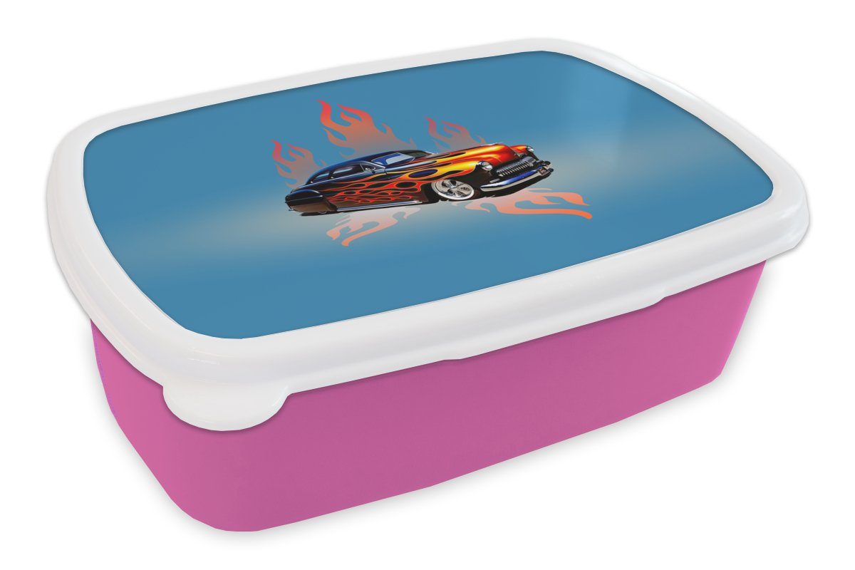 [Beliebte Produkte] MuchoWow Lunchbox (2-tlg), Mädchen, Blau Auto Feuer Erwachsene, für - Brotdose - Snackbox, rosa Flammen Vintage, Kunststoff, Kunststoff - - Kinder, Brotbox