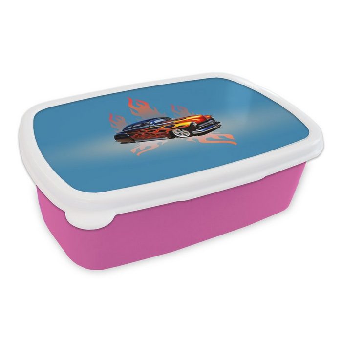 MuchoWow Lunchbox Auto - Flammen - Feuer - Blau - Vintage Kunststoff (2-tlg) Brotbox für Erwachsene Brotdose Kinder Snackbox Mädchen Kunststoff