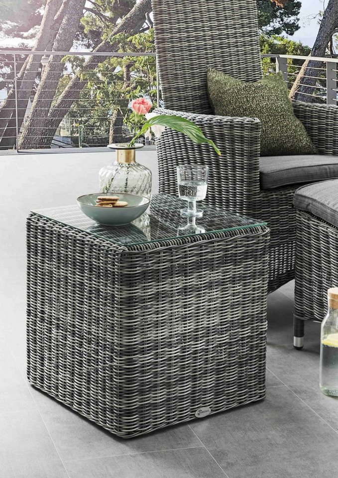 Destiny Beistelltisch SANTOS (1-St), Polyrattan, 45x45x45 cm, mit aufgelegter  Glasplatte