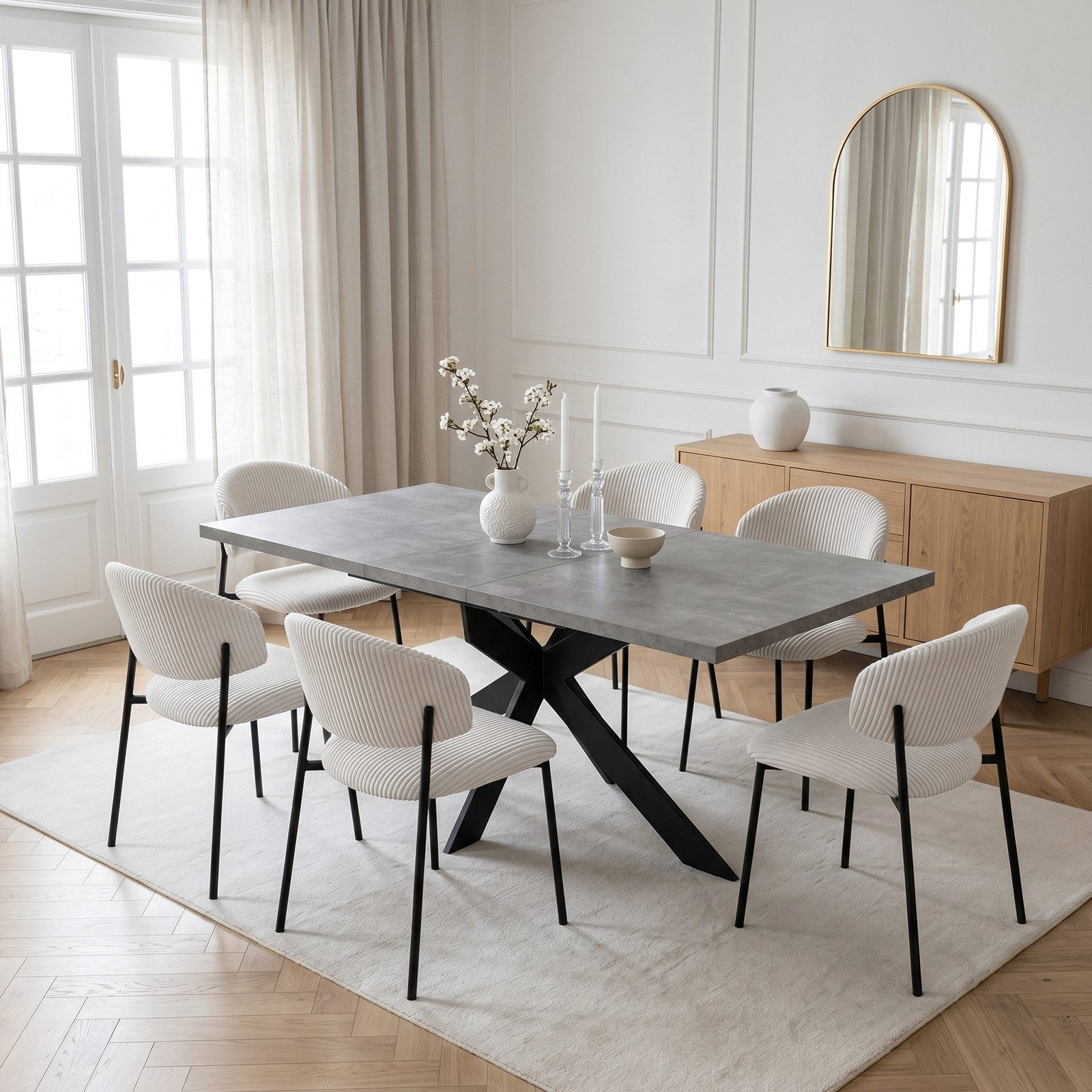 Jiexi Esstisch Tisch-und Stuhlset, Ausziehbarer Esstisch (130–170 cm) mit 4-6 Stühlen, ausziehbarer, hohe Härte, für 6 Personen