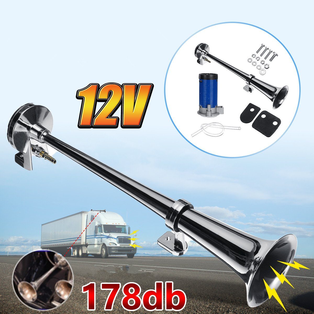 Insma Signaltrompete, 178DB Auto LKW Singal Trompete Hupe Lufthorn Laut Chrom DC 12V