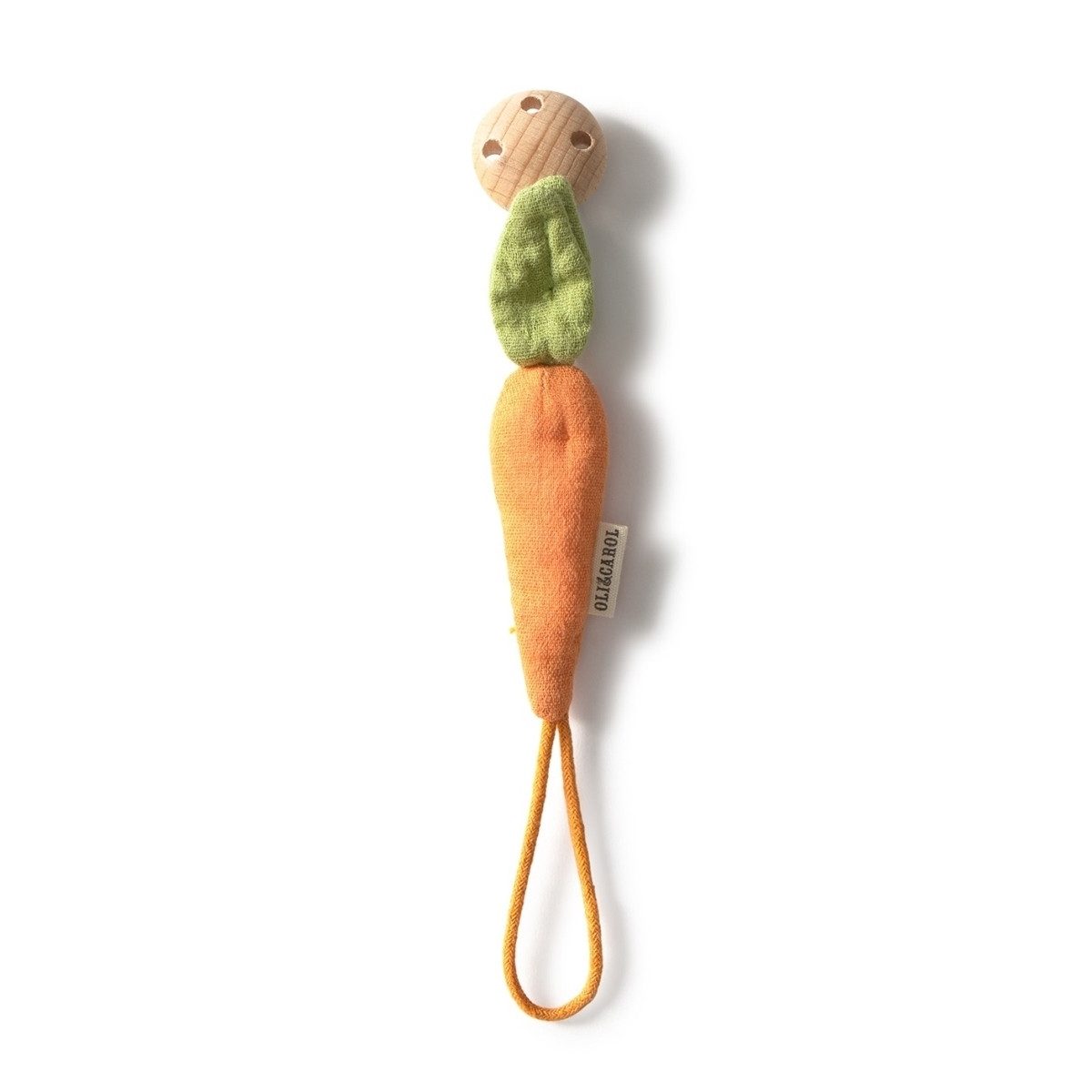Oli&Carol Schnullerbefestigung Schnullerclip Karotte Bio Baumwolle Holz Clip Baby Accessoire