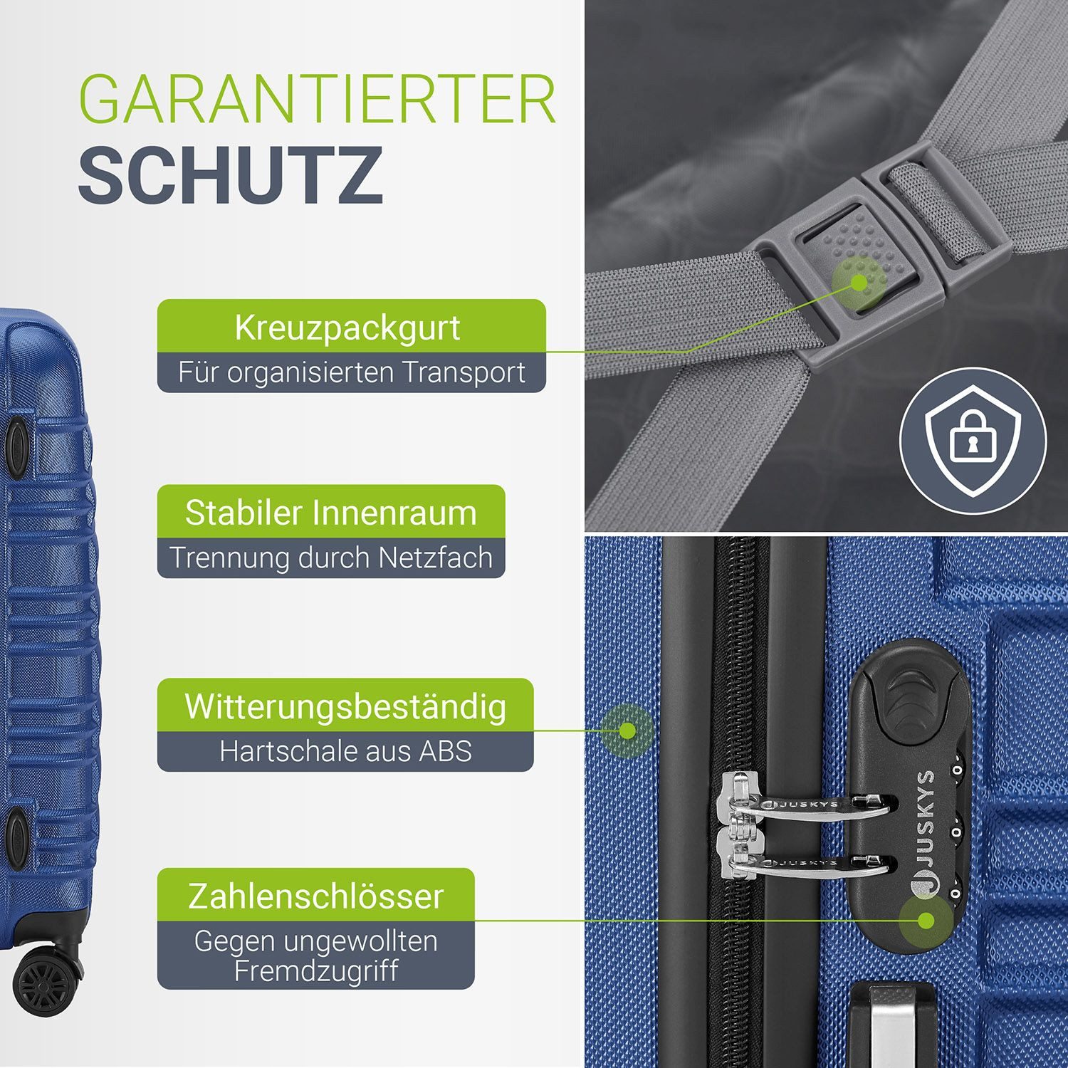 Juskys Trolleyset Rom, 4 Rollen, (3 tlg., 3-teilig), Aluminium, Rollen, Innenfutter, Ergonomische Griffe, 3er Set