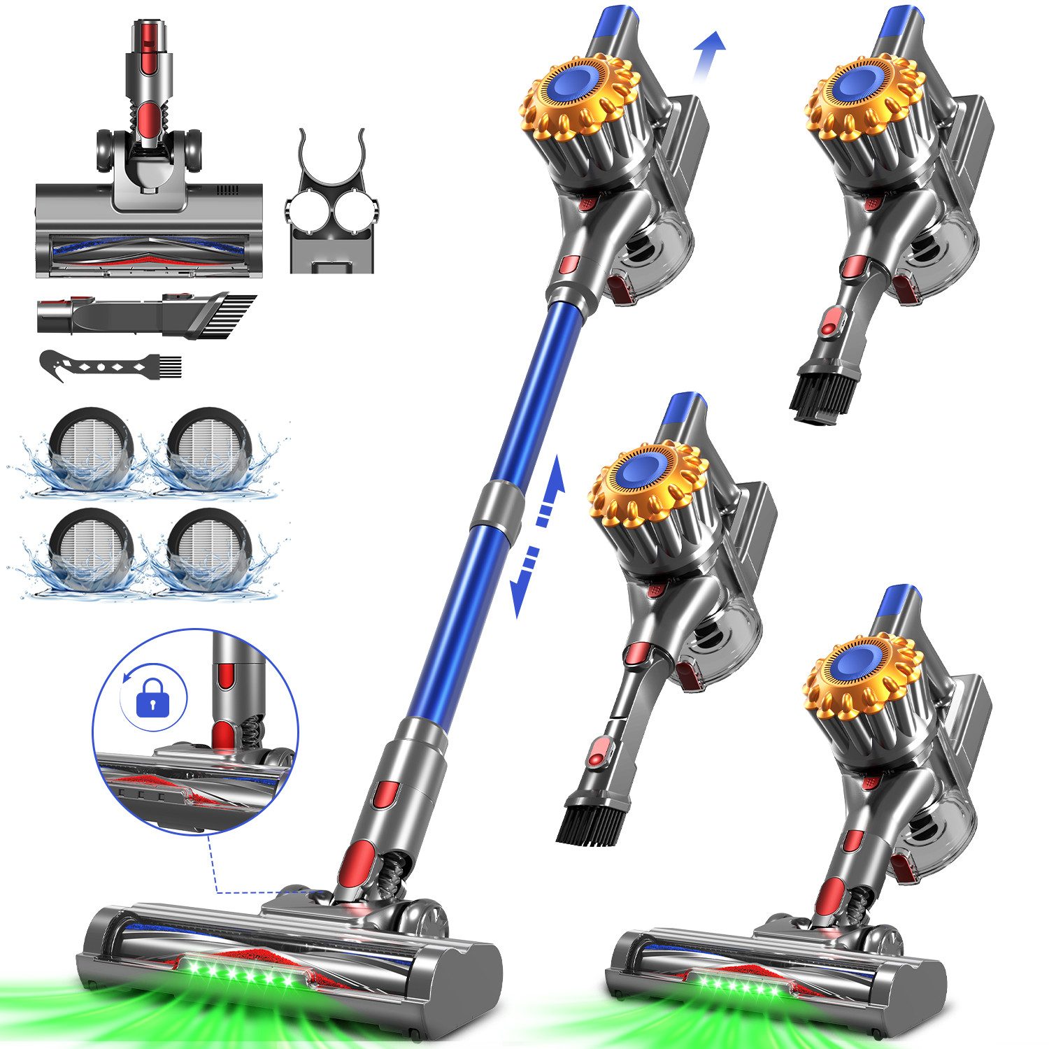 Adormii Akku-Hand-und Stielstaubsauger Akku Staubsauger,Staubsauger Kabellos 50kPa/60Min,GreenEye-Technologie, beutellos, Selbststehendes Design,Staubsauger für Tierhaare,Teppich und Hartboden