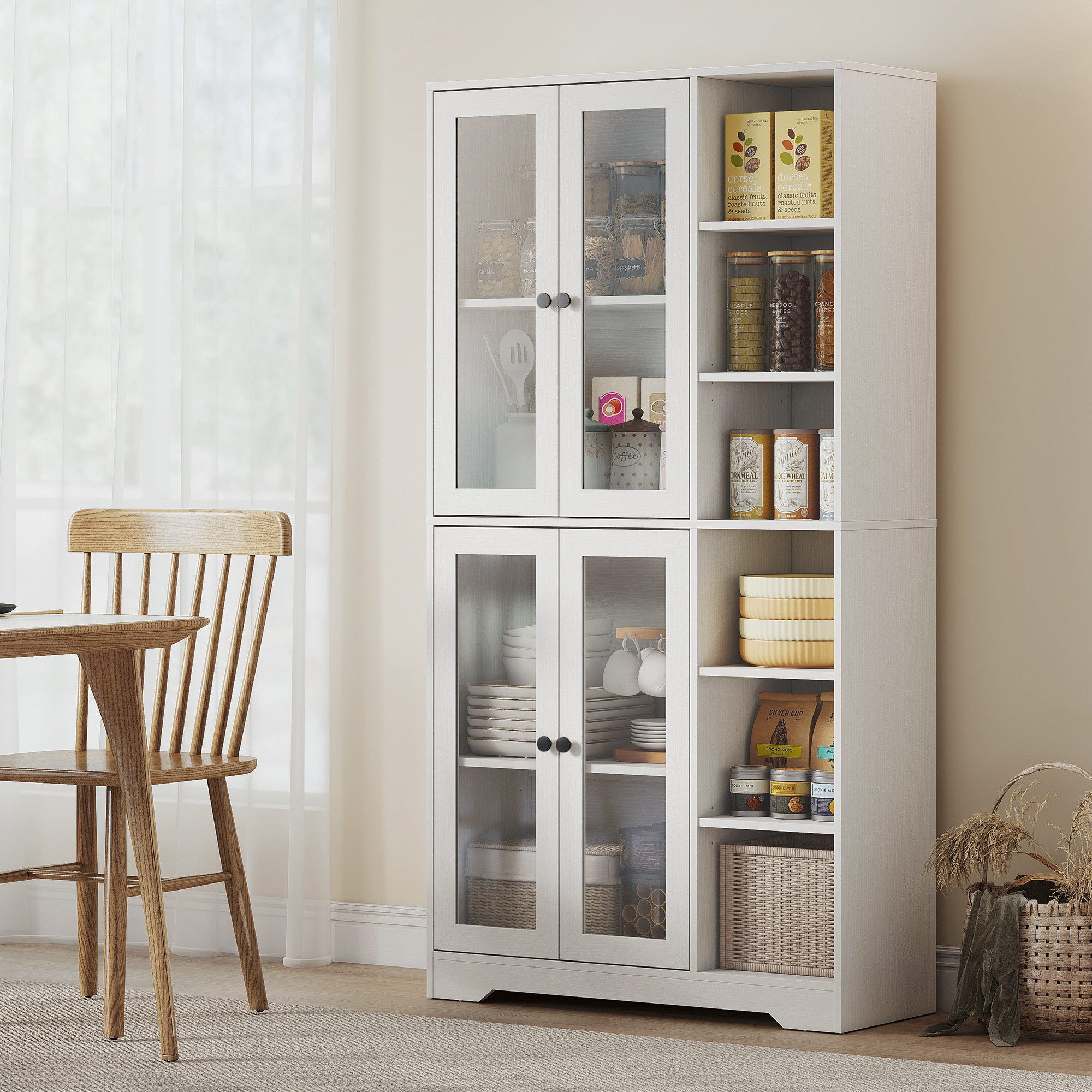 HOMCOM Küchenbuffet Küchenschrank, Vorratsschrank, 6 offene Fächer, verstellbare Böden (Schrank mit Glastüren, 1-St., Hochschrank) Großer Stauraum, Weiß