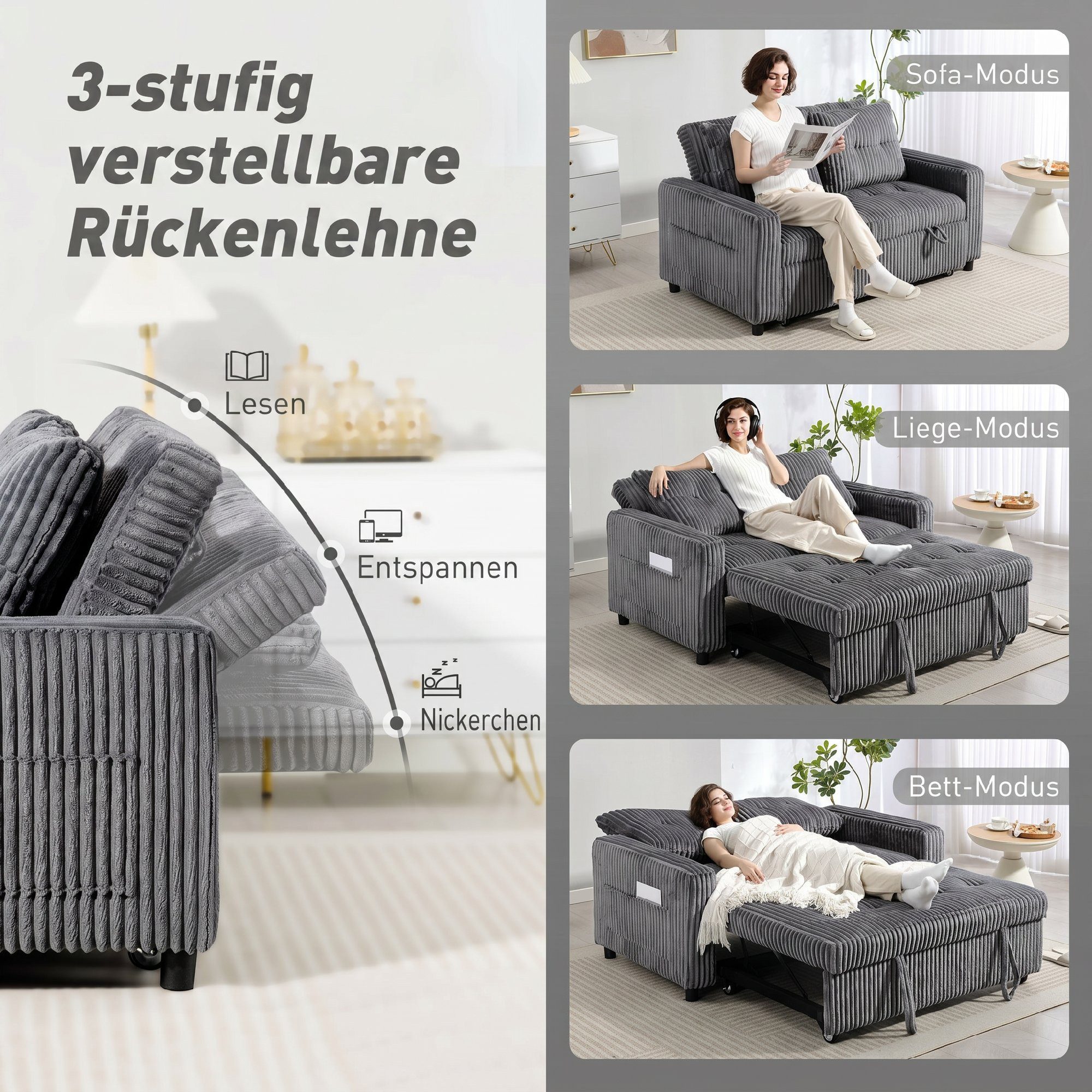 HOMCOM Schlafsofa 2-Sitzer Sofa 157 x 190 cm Schlafcouch mit Schlaffunktion, Set 1 Teile, 3-in-1-Design, ausziehbar, 3-fach verstellbare Rückenlehne – Bild 5 von 5