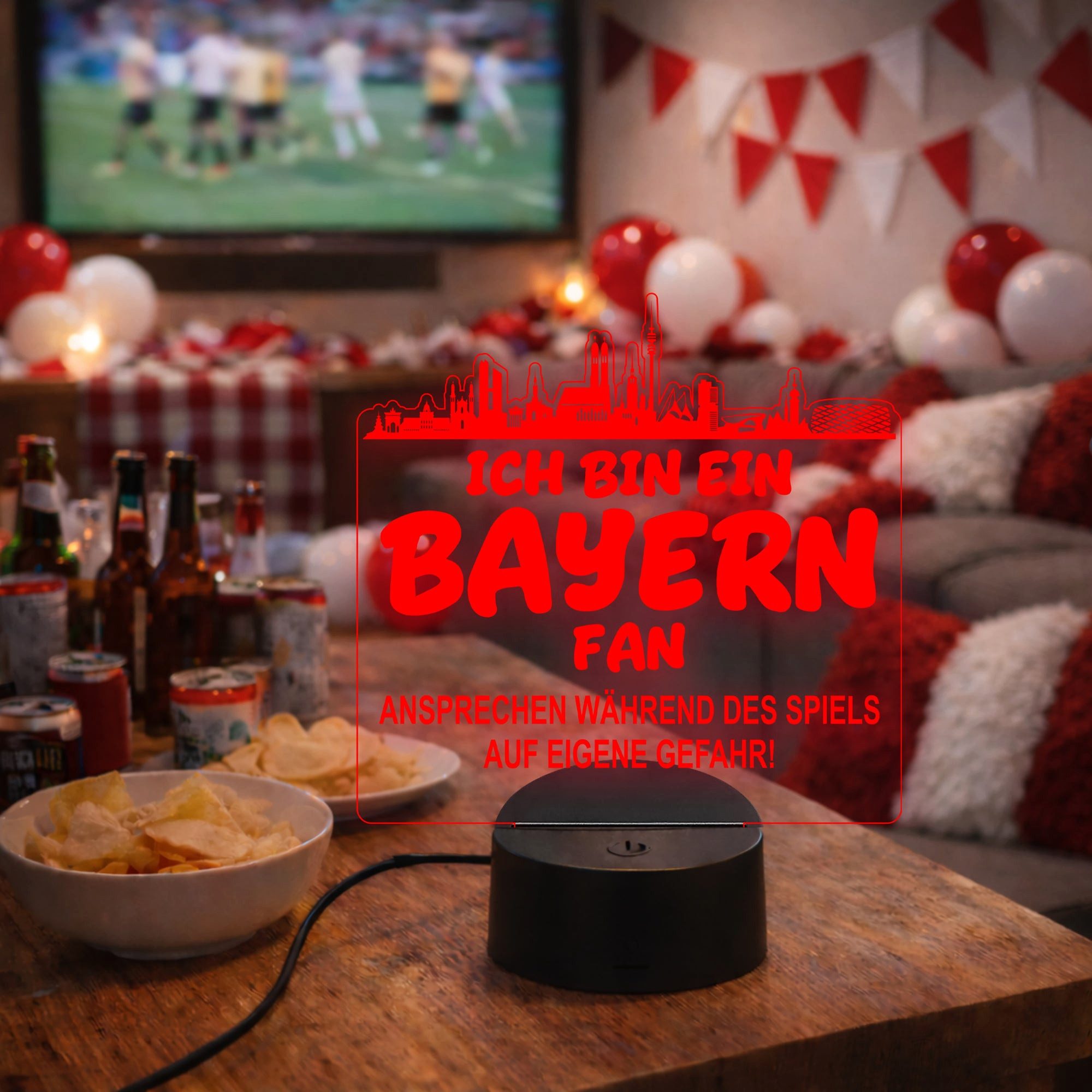 Lieblingsmensch LED Nachtlicht Fußball - Ich bin ein Bayern Fan - Ansprechen auf eigene Gefahr, LED fest integriert, Farbwechsel oder feste Farbe mit Fernbedienung & Touch, Man Cave Stimmungslicht – 19x23cm