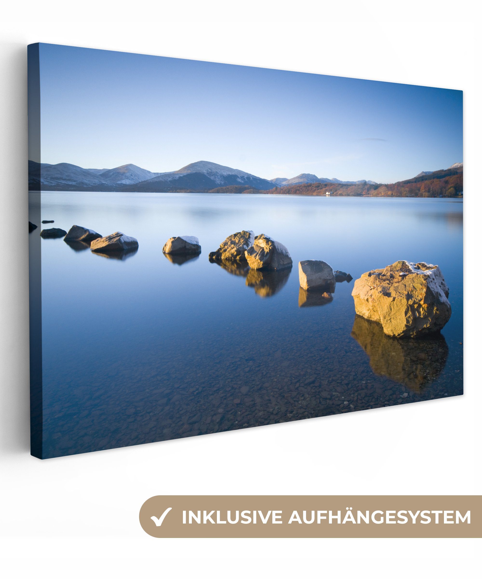 OneMillionCanvasses® Leinwandbild Felsen am See Loch Lomond in Schottland, (1 St), Wandbild Leinwandbilder, Aufhängefertig, Wanddeko, 30x20 cm