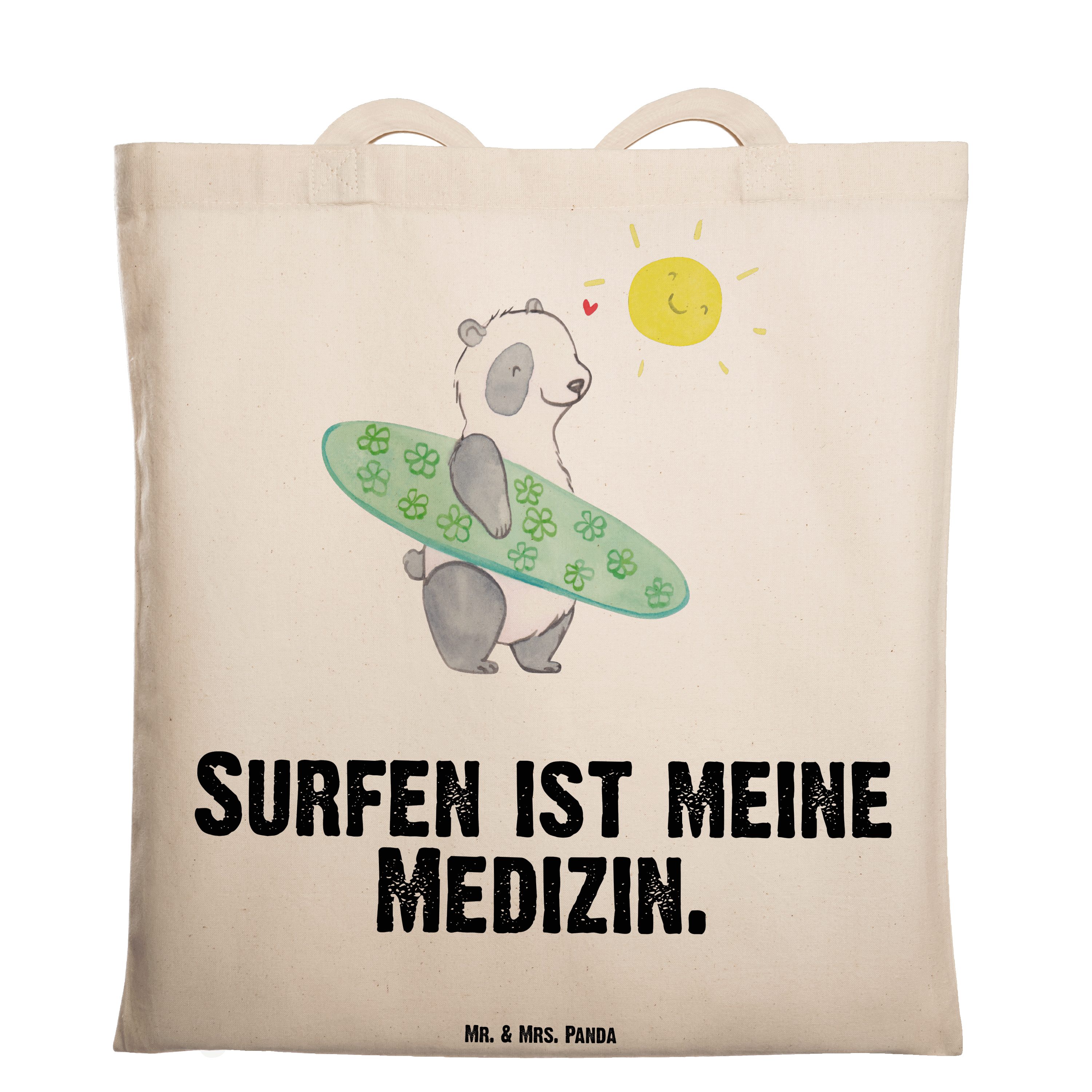 Mr. & Mrs. Panda Tragetasche Panda Surfen Medizin - Transparent - Geschenk, Einkaufstasche, Jutebe (1-tlg)