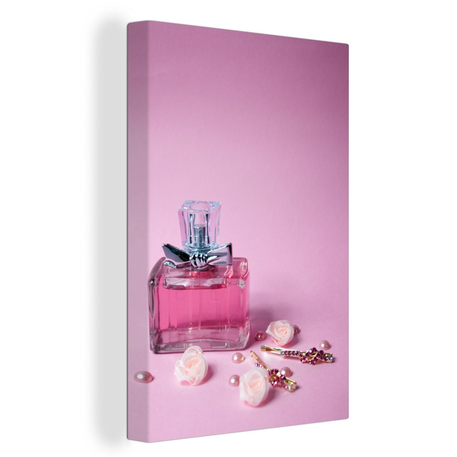 OneMillionCanvasses® Leinwandbild Eine Flasche rosa Parfüm, (1 St), Leinwandbild fertig bespannt inkl. Zackenaufhänger, Gemälde, 20x30 cm