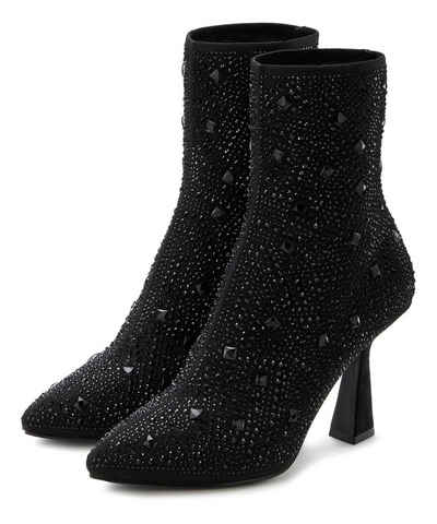 LASCANA High-Heel-Stiefelette Schlupf-Stiefel, Ankle Boots, elastisches Material, Schmucksteinchen