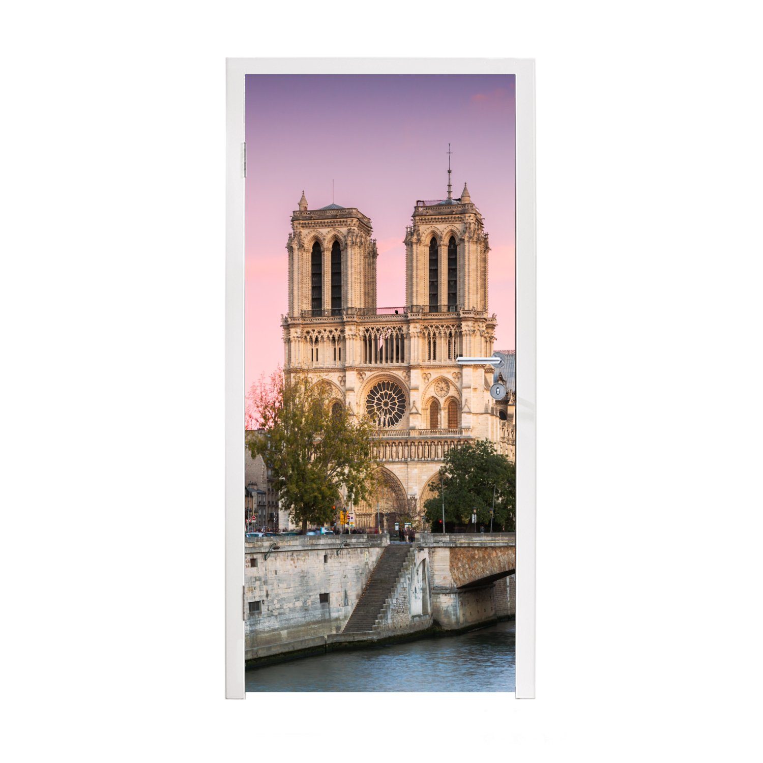 MuchoWow Türtapete Lila Himmel über Notre Dame in Paris, Matt, bedruckt, (1 St), Fototapete für Tür, Türaufkleber, 75x205 cm
