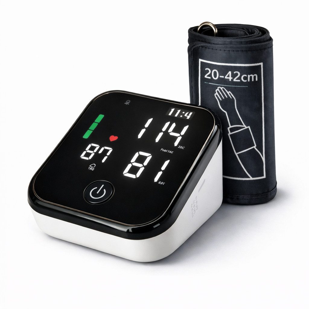 IEA Medical Oberarm-Blutdruckmessgerät ZK-B882, kratzfestes LED-Display, Präzise Messung, 2x99 Speicher, Arrhythmie-Warnung, Ampel-Farbskala, Manschette 22-42cm, USB-C