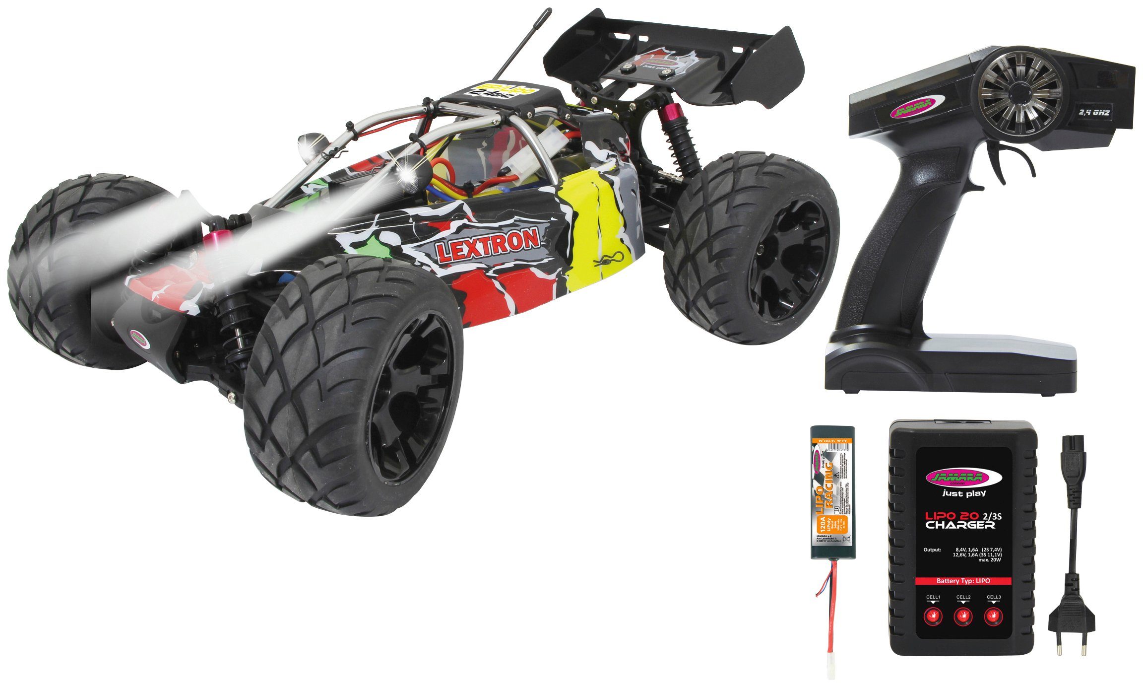 Desertbuggy gekühlt, Lextron Speedregler 4WD, RC-Monstertruck Jamara 1:10, 40 programmierbar LED, mit 2,4 A, GHz,