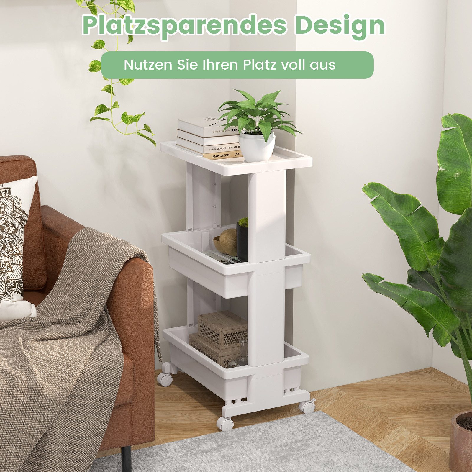 COSTWAY Beistellwagen, schmal, Rollwagen mit Stauraum, Tischplatte, weiß