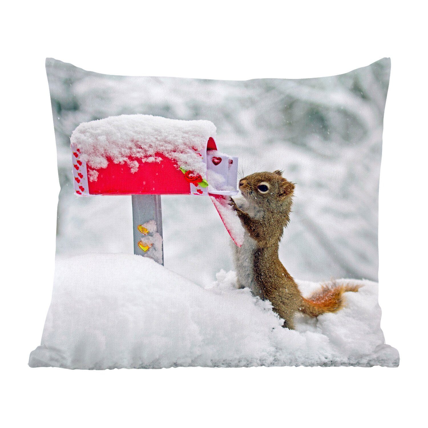 MuchoWow Dekokissen Eichhörnchen Winter, Füllung Schnee für Deko, Zierkissen - Sofakissen - - Schlafzimmer, mit Wohzimmer, Briefkasten