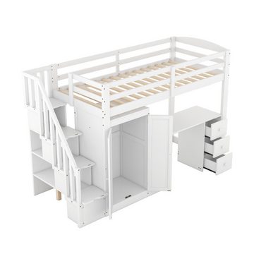 Ulife Hochbett Holzbett Kinderbett Einzelbett mit Schreibtisch und Kleiderschrank 90x200cm,Weiß