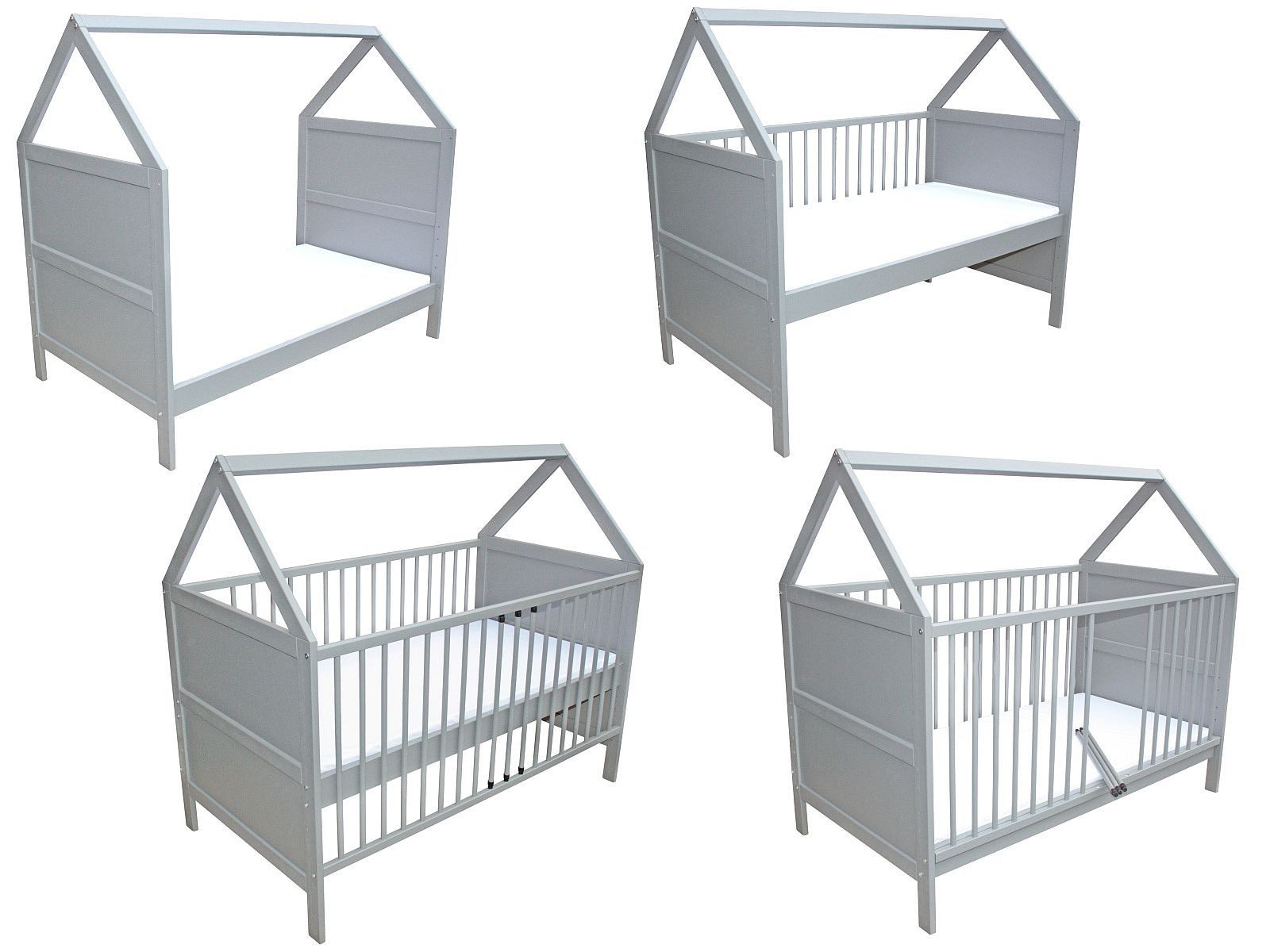 Kinderbett Babybett Kinderbett Beistellbett Bett Haus 140x70 cm mit Matratze grau