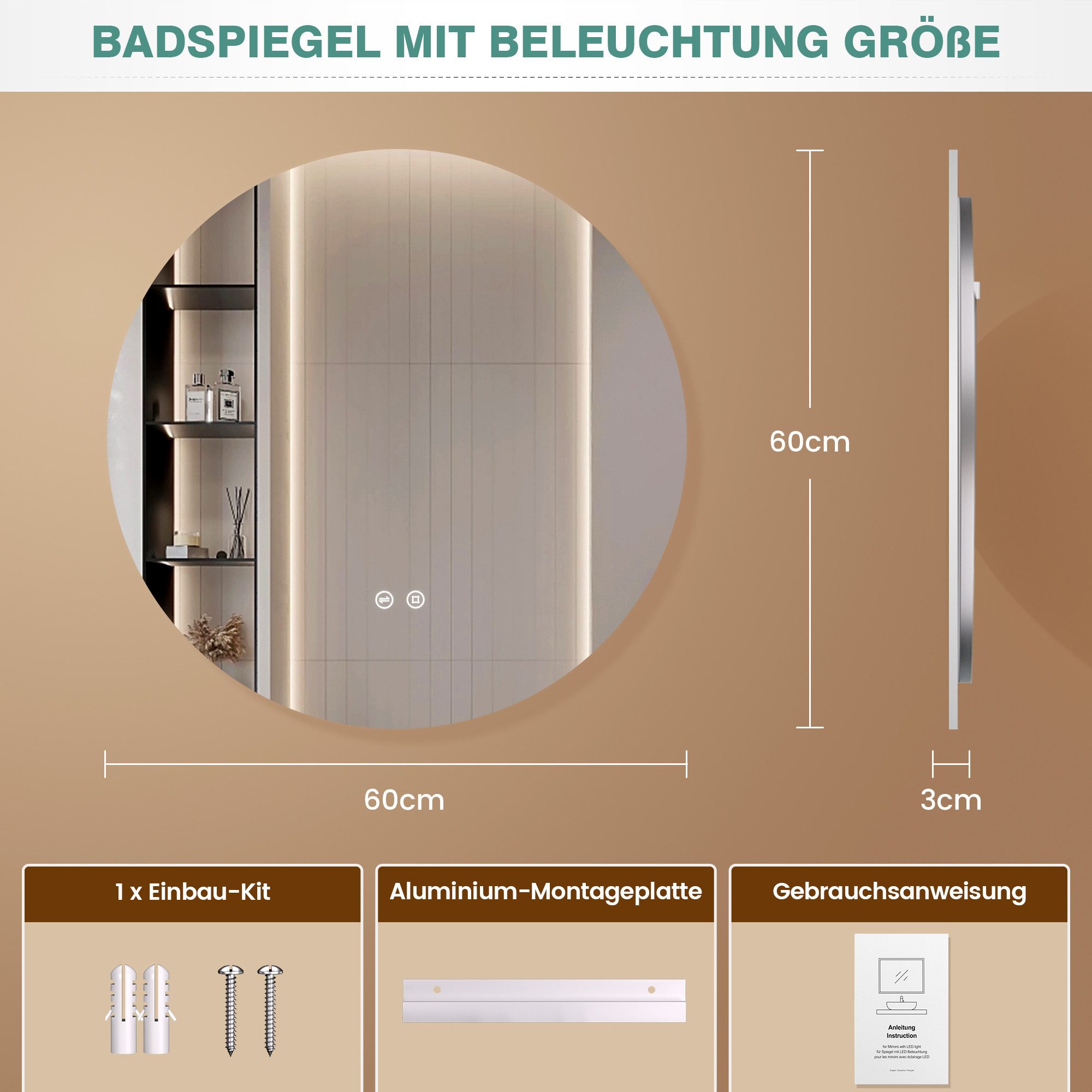 PESENXAN Badspiegel mit Beleuchtung, Runder LED-Badezimmerspiegel günstig online kaufen