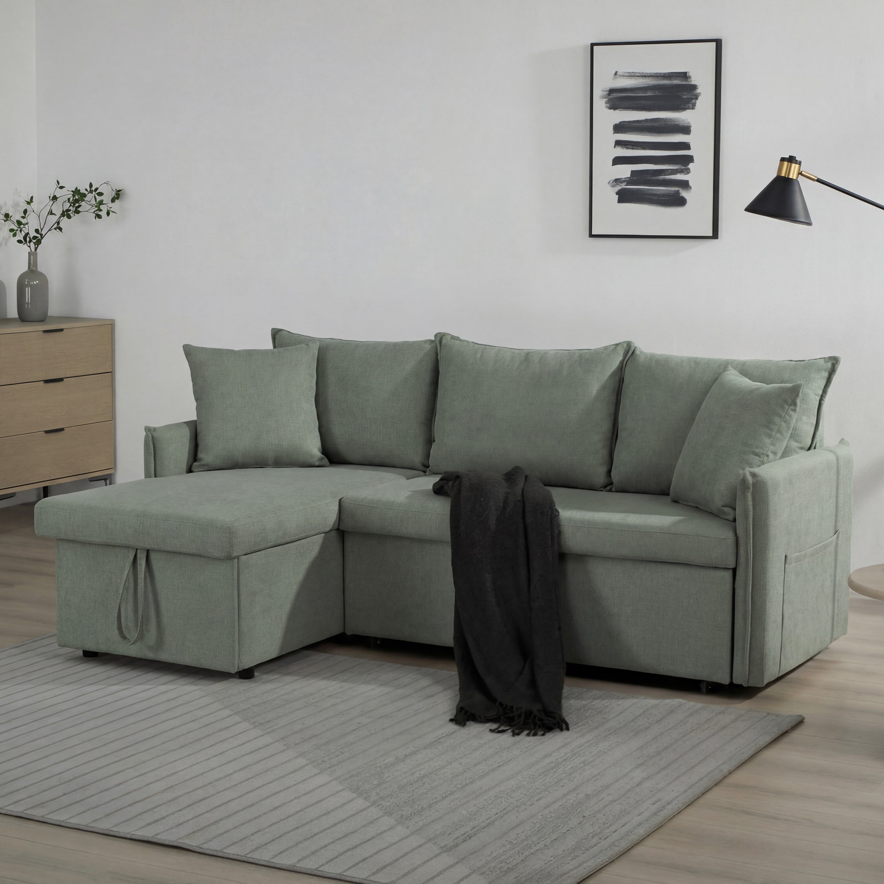 SteeLong Schlafsofa L-Sofabett, Ecksofa-Bett, wandelbar, Liege mit Stauraum, Grün, 1 Teile, Dreiteiliges Modell mit umkehrbarer Chaise & praktischer Aufbewahrung
