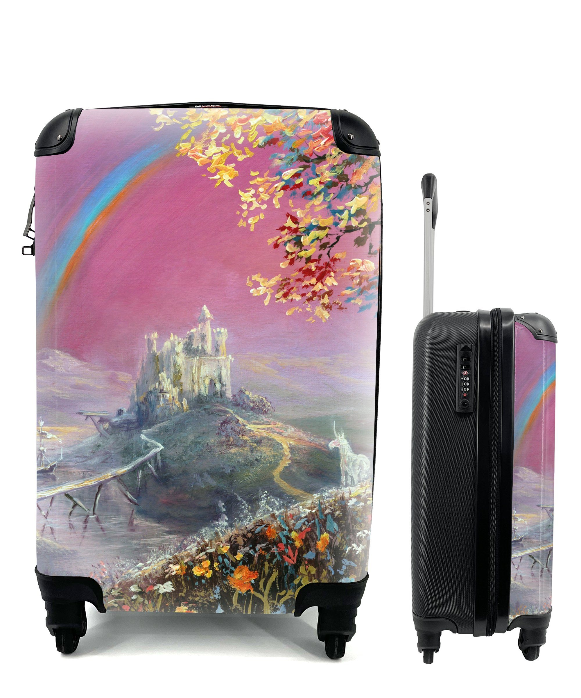 MuchoWow Handgepäckkoffer Eine Illustration eines Regenbogens auf einem rosa Hintergrund, 4 Rollen, Reisetasche mit rollen, Handgepäck für Ferien, Trolley, Reisekoffer