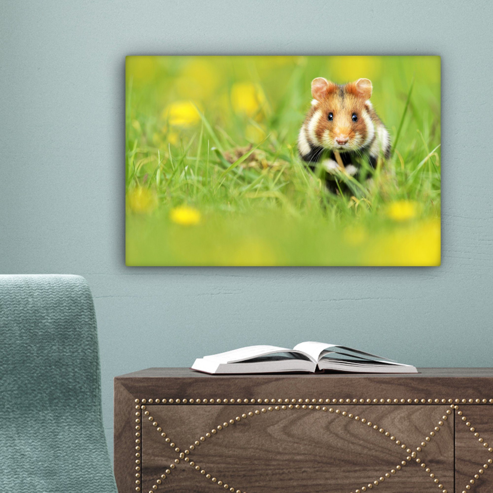 im Wandbild St), Hamster Wanddeko, 30x20 Gras, cm Aufhängefertig, (1 Europäischer OneMillionCanvasses® Leinwandbild Leinwandbilder,
