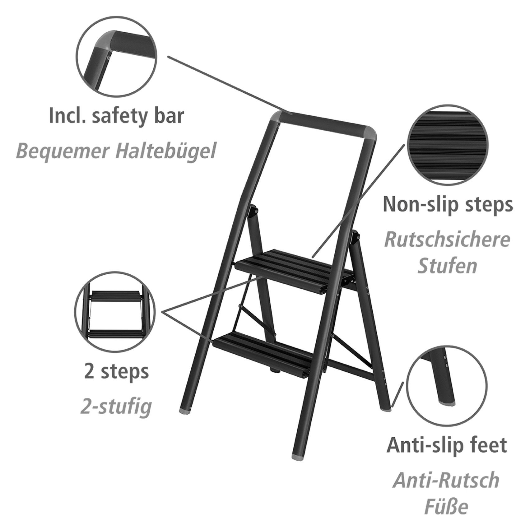 WENKO Trittleiter Modell Alu-Compact, Klapptritt (1-St), leichte, mit Anti-Rutsch-Füßen zusammenklappbare Leiter
