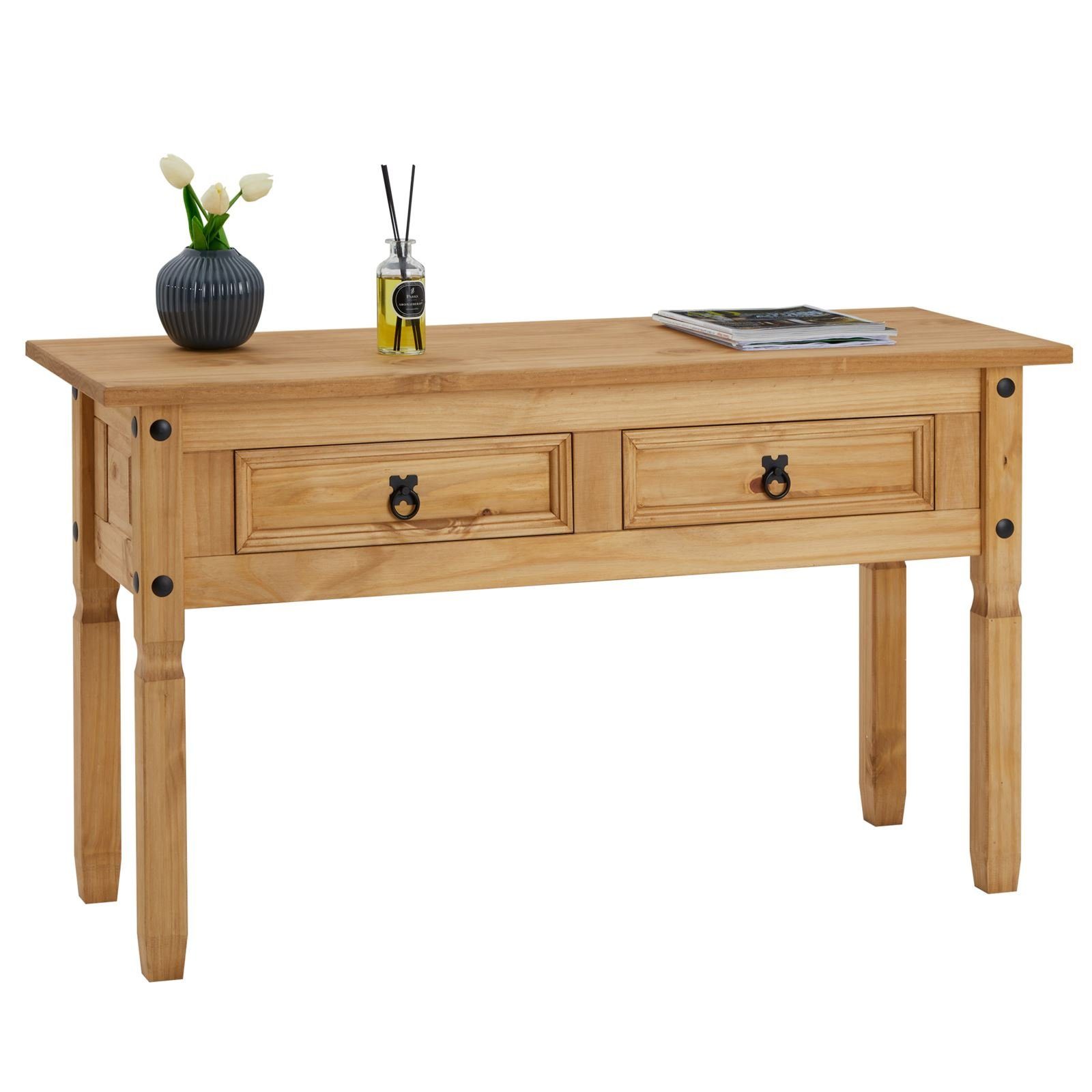 CARO-Möbel Konsolentisch SALSA, Flurtisch mit 2 Schubladen aus Massivholz, Landhausstil natur