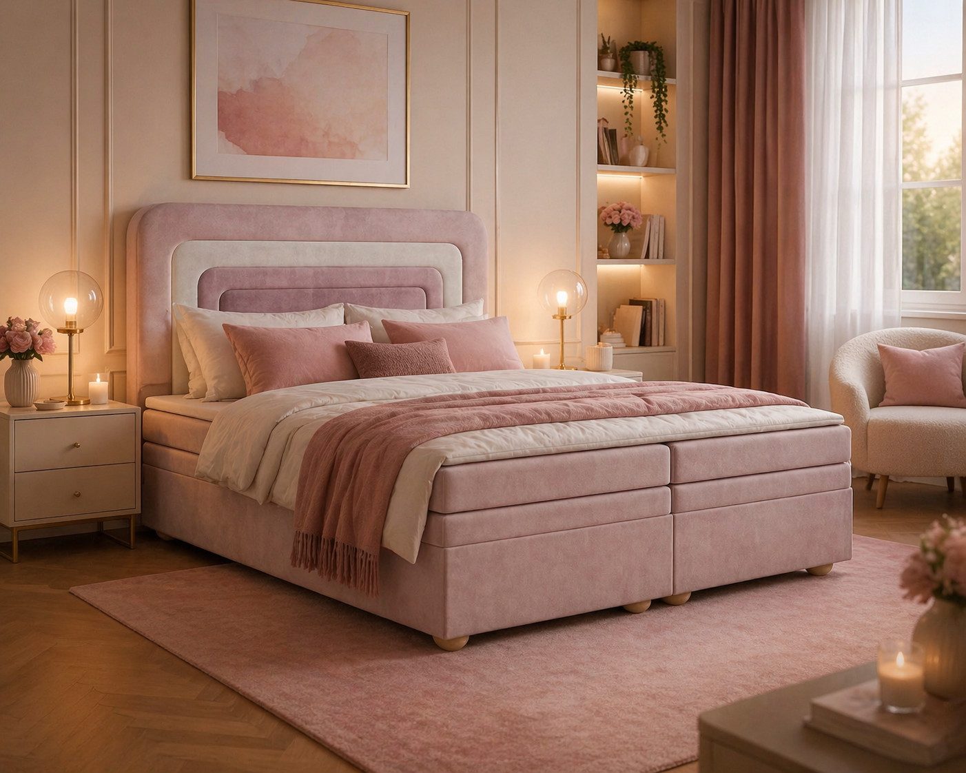 MOEBLO Boxbett NEST (Rosa, regenbogenförmige abgerundete Kopfstütze, mit Bettkasten, Samt, Velour, Bonell + Topper, Doppelbett - 140x200 cm), (BxHxT): 143 / 163 / 183 x 113 x 214 cm