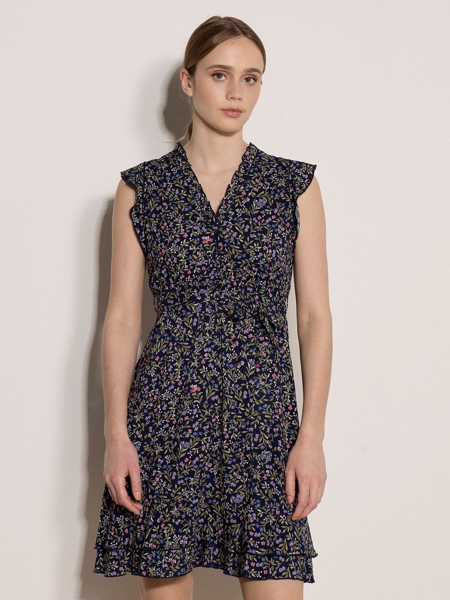 Apricot Druckkleid Blumenkleid mit Rüschen
