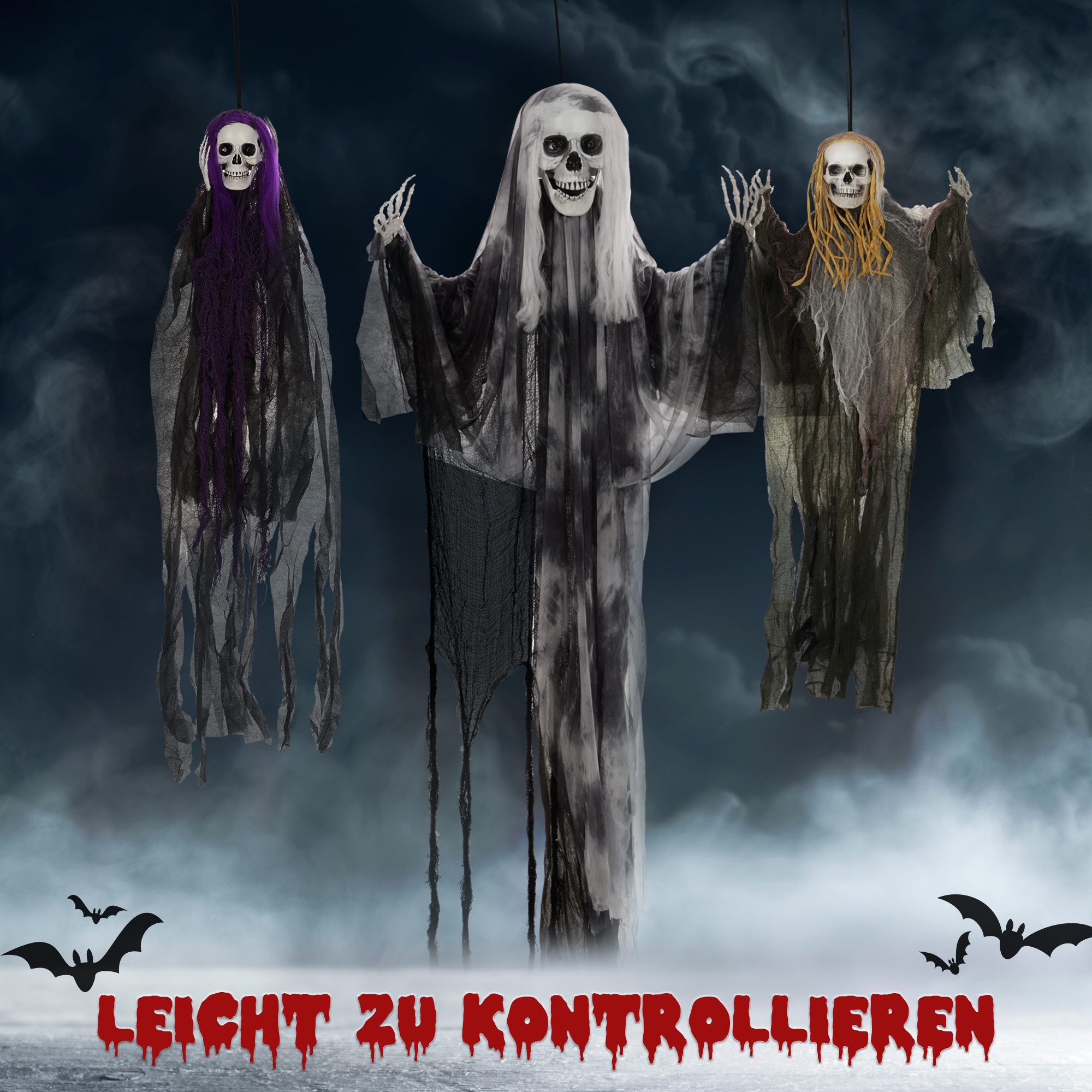 HOMCOM Dekofigur 3er-Set Halloween Dekoration mit verstellbare Arme, Haustür Deko (Hängendes Skelett, 1 St., Spukhaus-Requisite), für Hof Rasen, Garten, Party – Bild 5 von 5