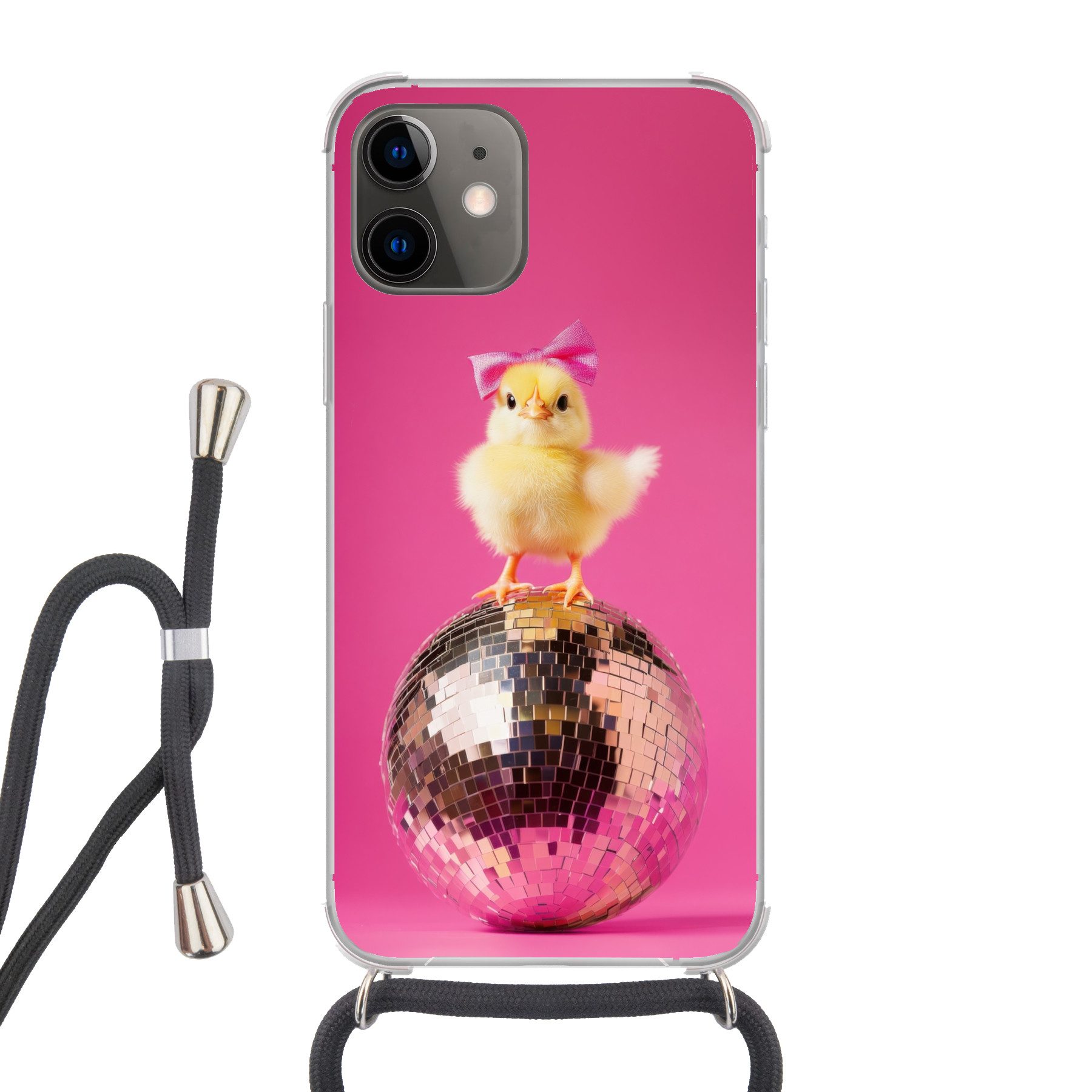 MuchoWow Handyhülle für Apple iPhone 12 Discoball - Küken - Schleife, Tragbare Handyhüllen mit Kette zum umhängen, Handykette Handyband