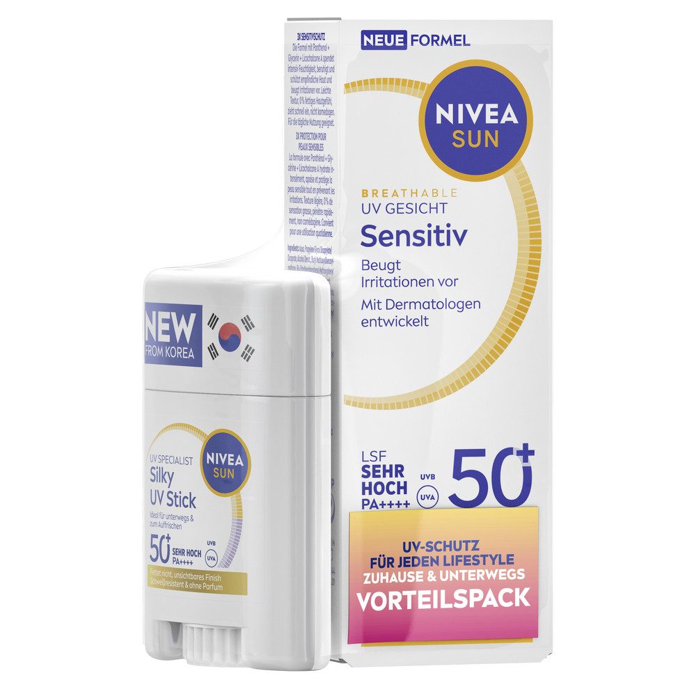 Nivea Sun Sonnenschutzlotion UV Face Sensitive LSF50+ mit Silky UV Stick Vorteilspack, Set, 2-tlg., UV Face Sensitive LSF50+ mit Silky UV Stick Vorteilspack, speziell für empfindliche Haut; beugt Sonnenallergien vor