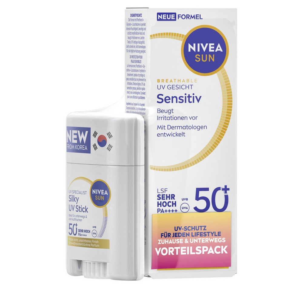 Nivea Sun Sonnenschutzlotion UV Face Sensitive LSF50+ mit Silky UV Stick Vorteilspack, Set, 2-tlg., UV Face Sensitive LSF50+ mit Silky UV Stick Vorteilspack, für empfindliche Haut, mit feuchtigkeitsspendender Formel, parfümfrei