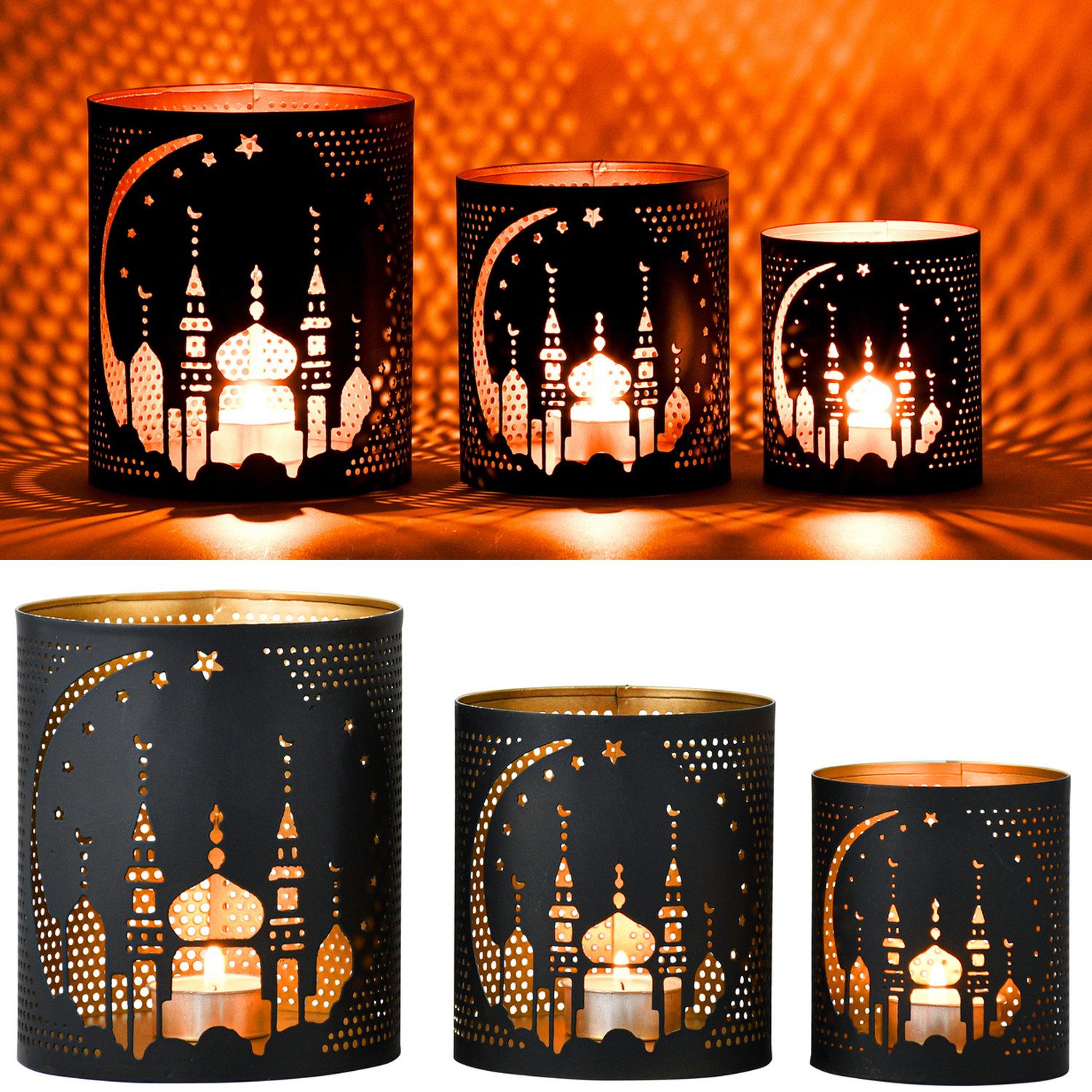 Marrakesch Orient & Mediterran Interior Teelichthalter 3er Set Orientalischer Teelichthalter Ramazan modern aus Metall 14 cm (3 St), Handarbeit