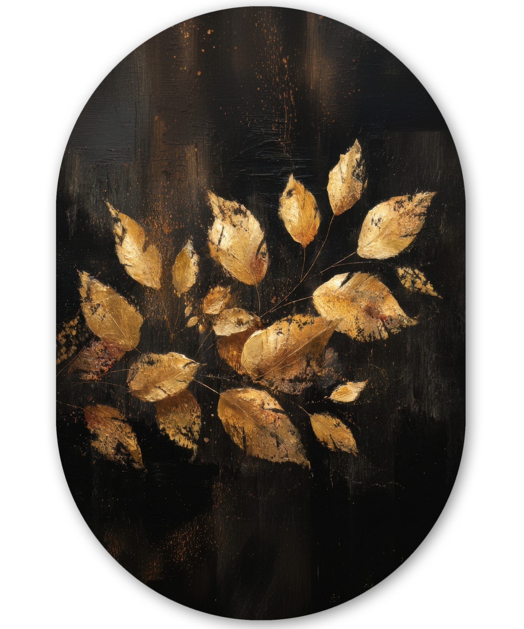 MuchoWow Gemälde Goldene Blätter auf dunklem Hintergrund, Fotodruck (1 St), Wandbild Oval, Wohnzimmer oder Schlafzimmer Wanddekoration, 40x60 cm