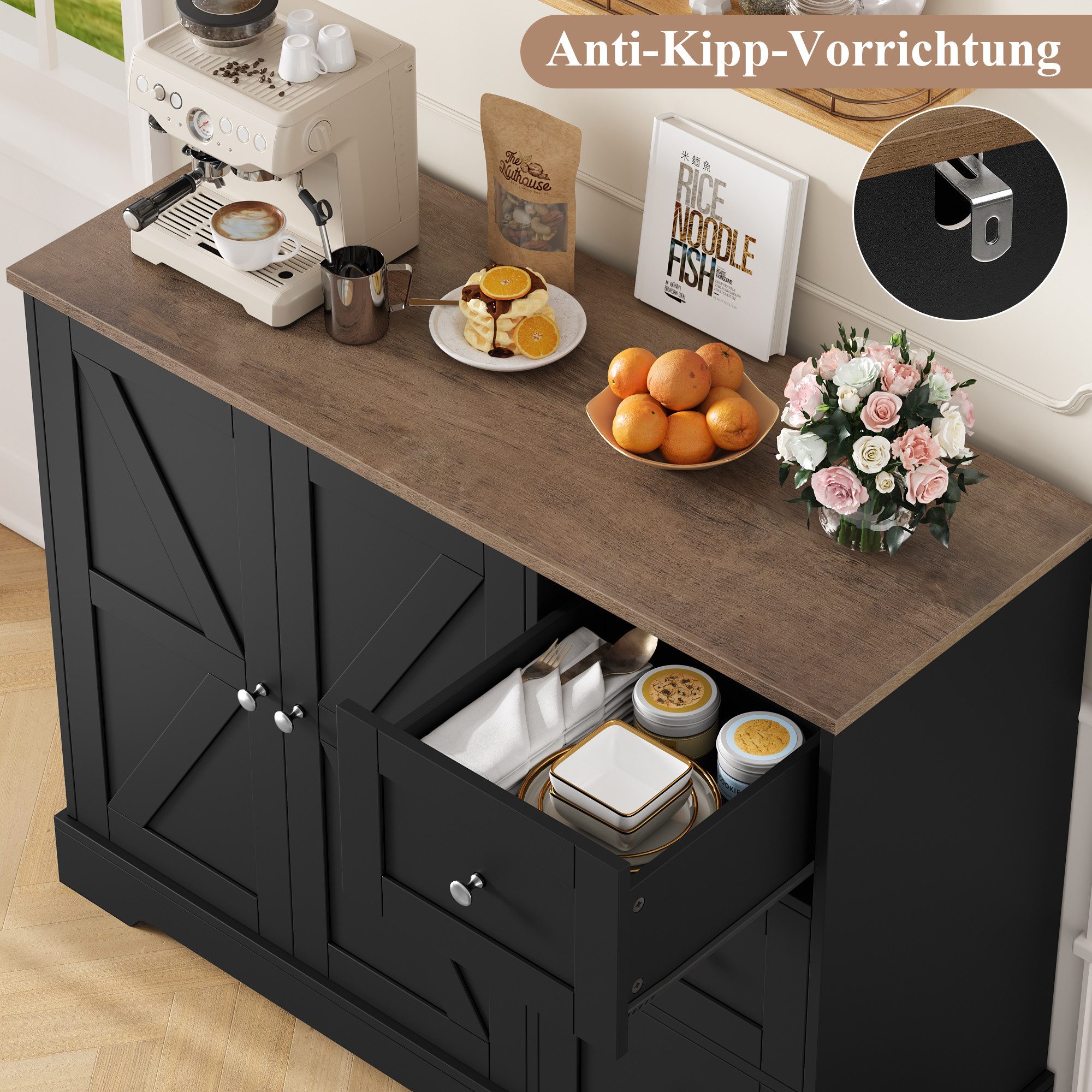 HOMECHO Sideboard, Küchenschrank mit Arbeitsplatte, Buffetschrank Weiß & Braun