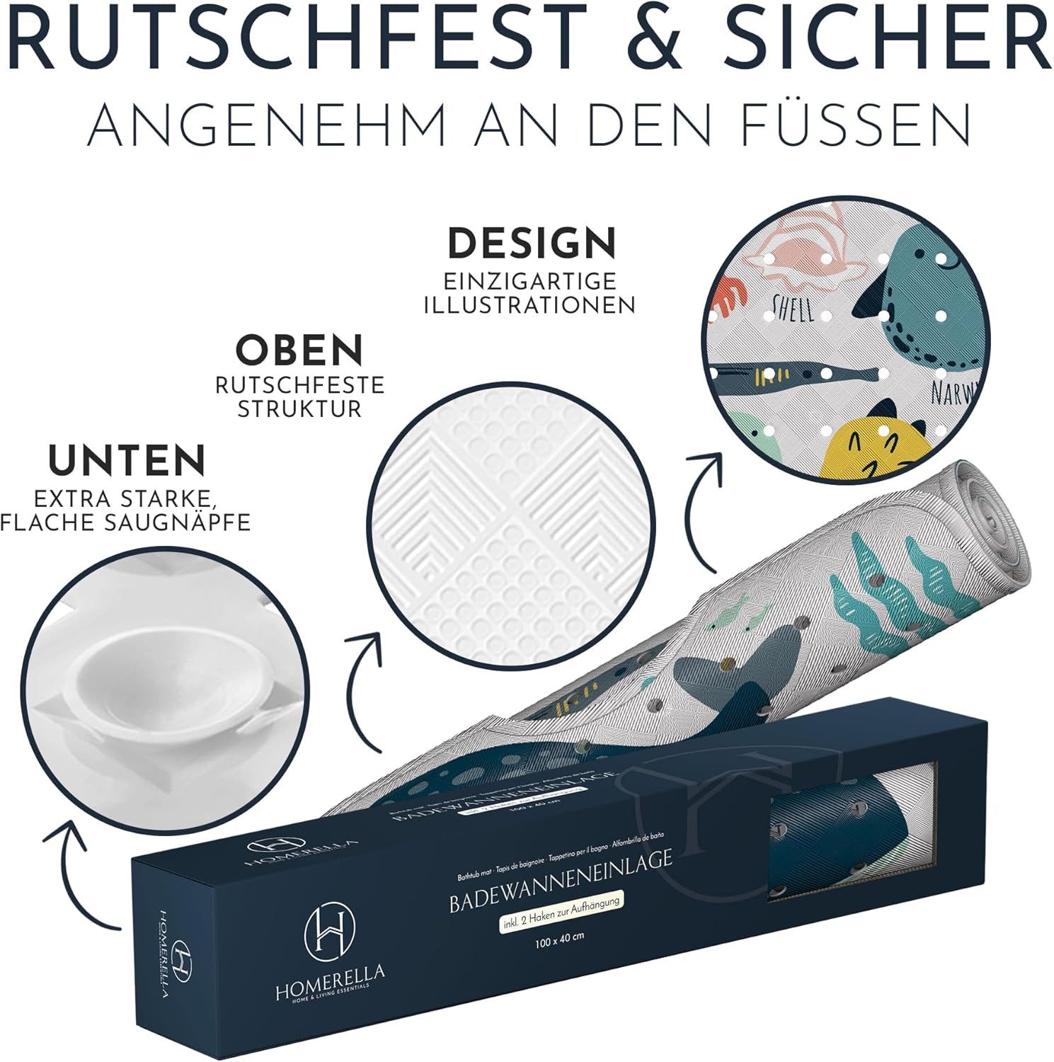 Homerella Badematte rutschfest Kinder - 100% BPA frei Inkl. 2 Haken zum Aufhängen 100x40cm, Antirutschmatte Badewanne Baby hautsensitiv & schimmelresistent, Bad – Bild 4 von 5