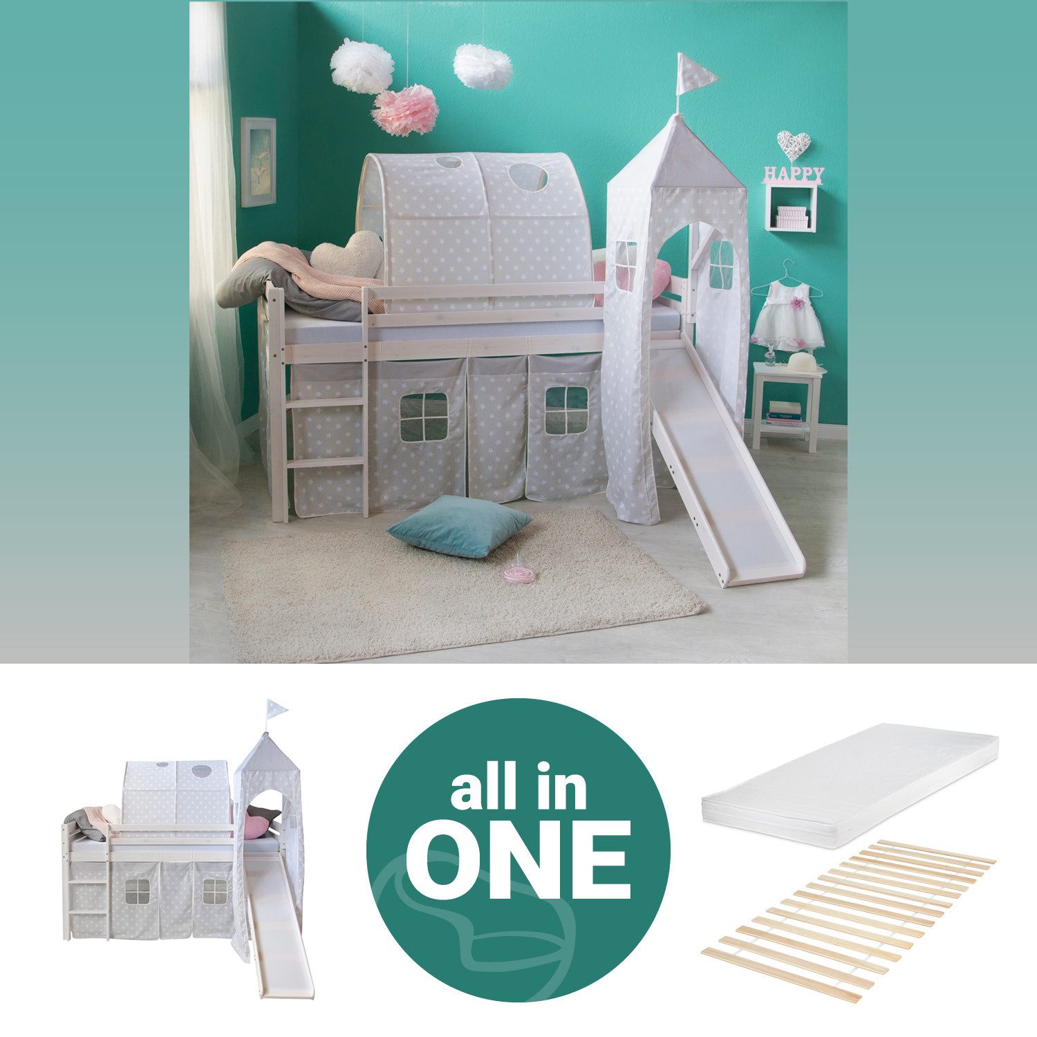 Homestyle4u Hochbett 90x200 Weiß mit Vorhang günstig online kaufen
