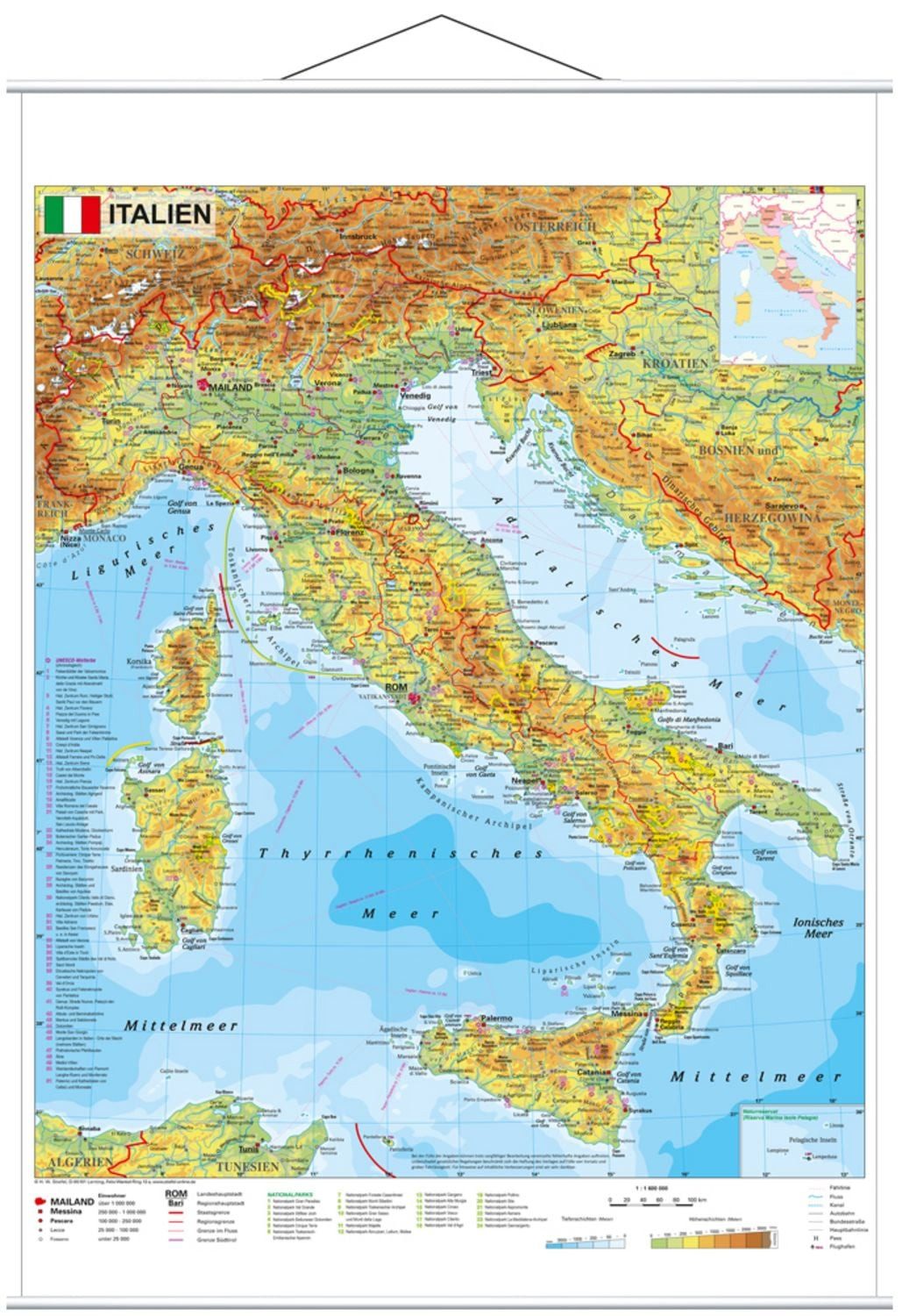 Italien physisch, Wandkarte mit Metallbeleistung / Heinrich Stiefel
