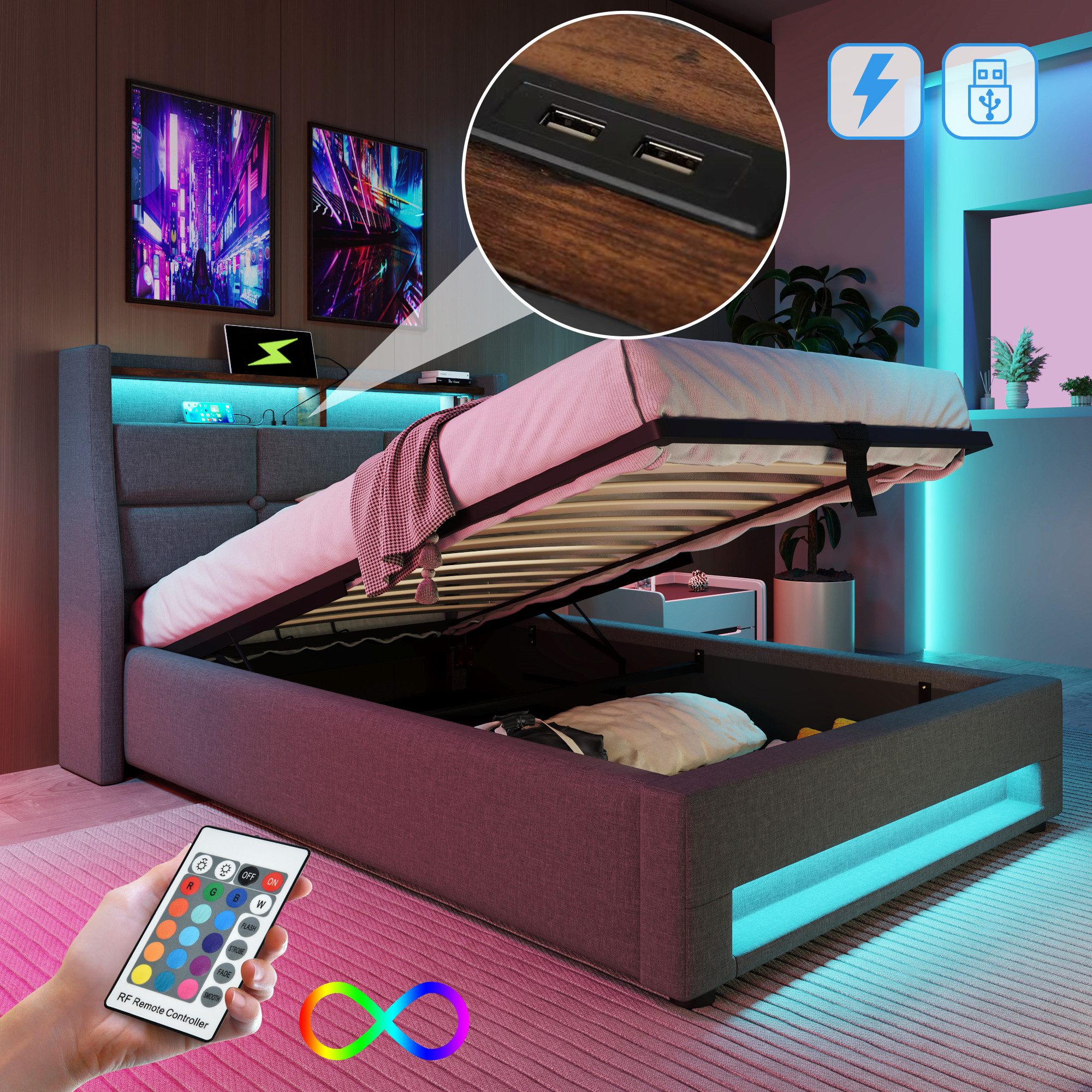 MODFU Polsterbett mit LED Beleuchtung & günstig online kaufen