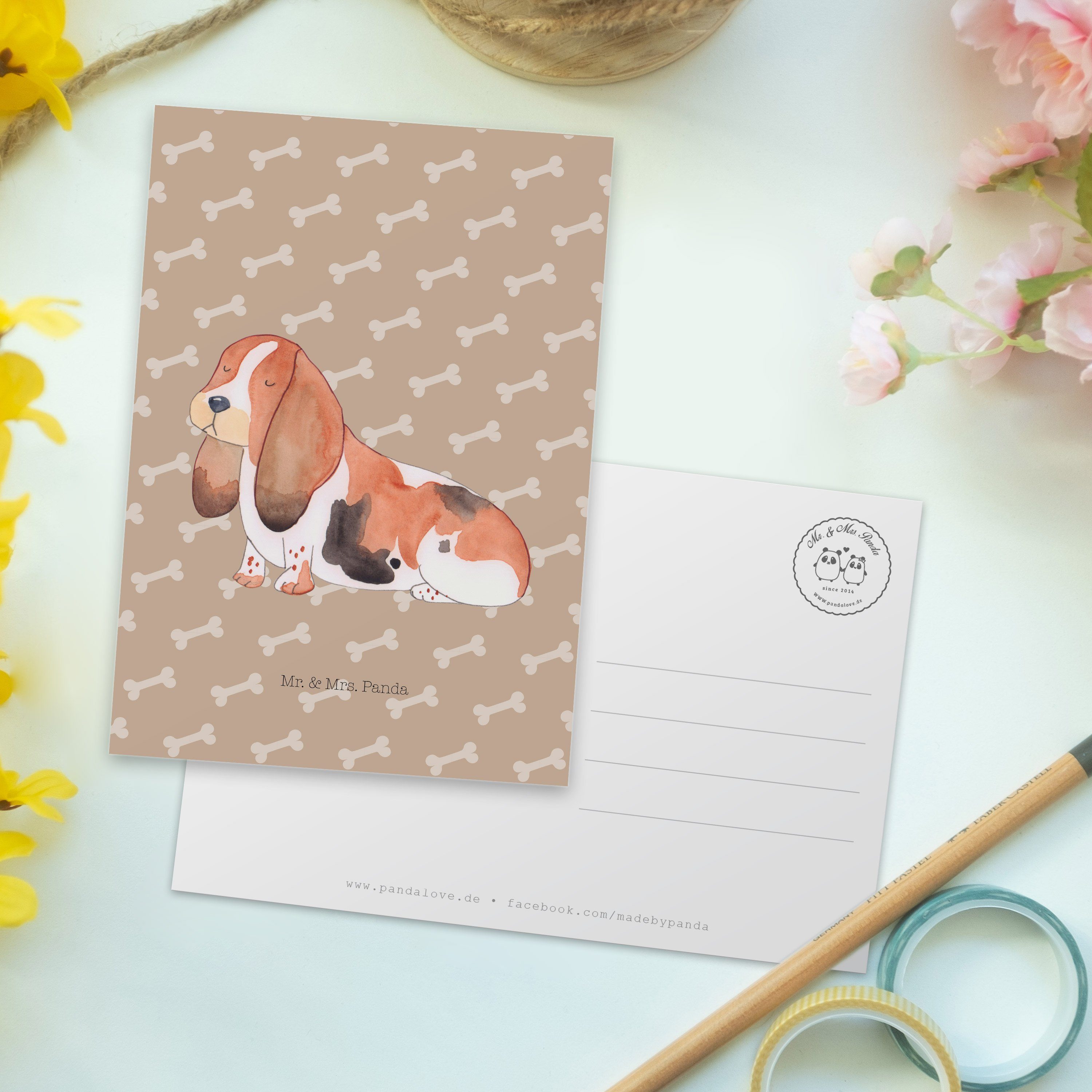 Geschenk, Mrs. - Basset & Panda Postkarte - Einladungskar Hundeglück Hund Hound Dankeskarte, Mr.