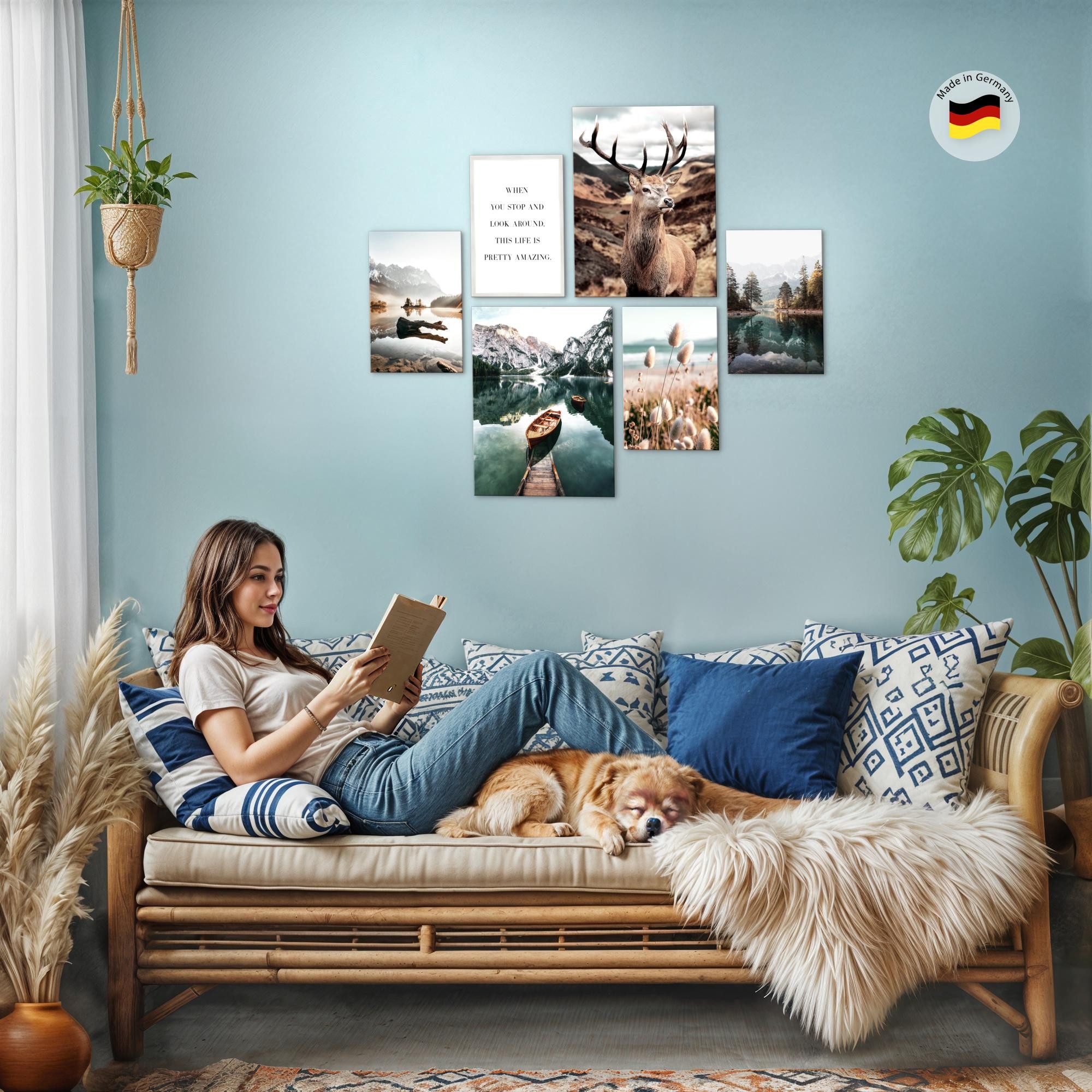 Novart Wandbild Wald Hirsch Natur Berge Bilderset Wohnzimmer Schlafzimmer Deko, (6 St)