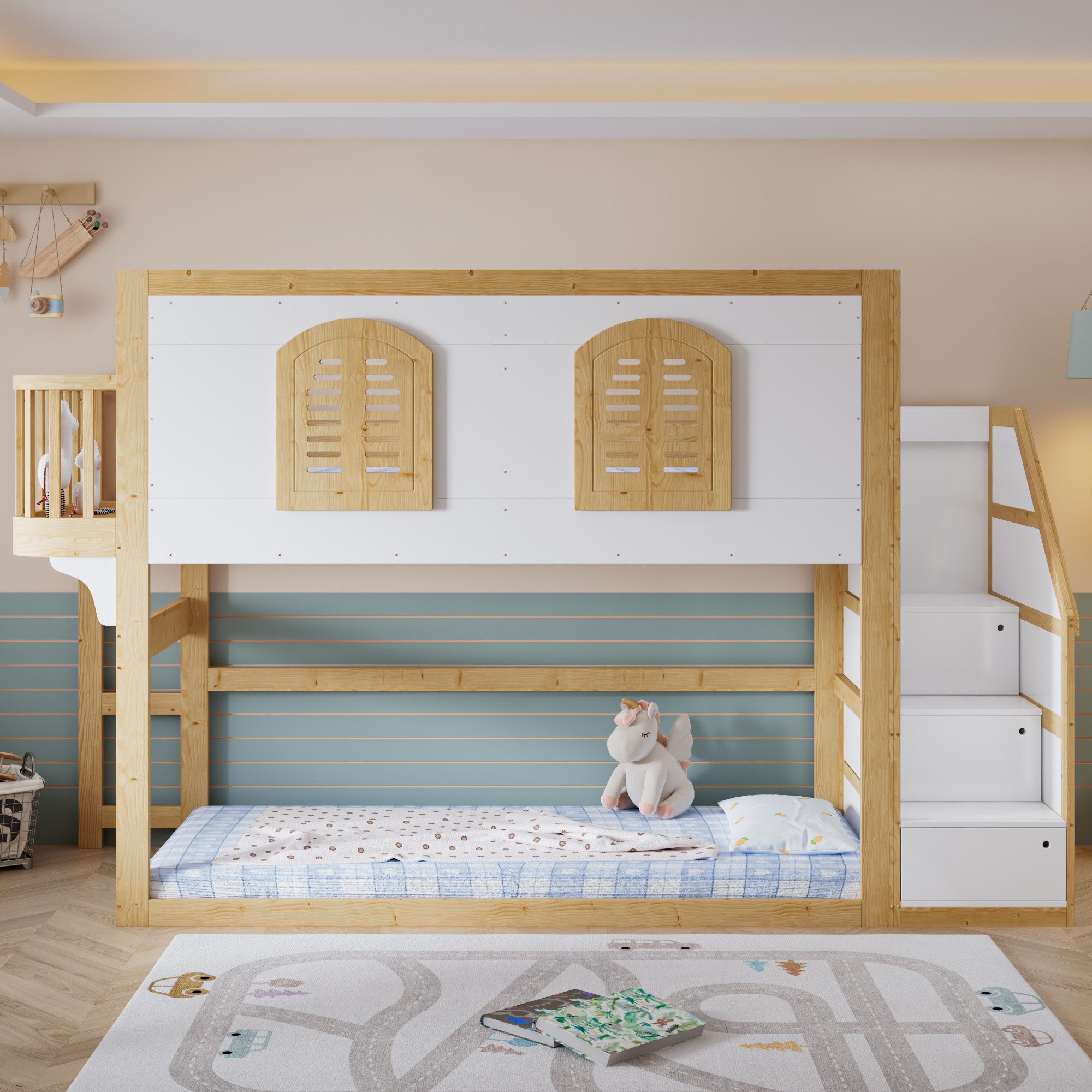 TavilaEcon Hochbett Kinderbett mit Treppenschrank, Spielfläche & Fensterdesign (1-St) mitTreppenschrank und Massivholz in Naturoptik, 90x200cm